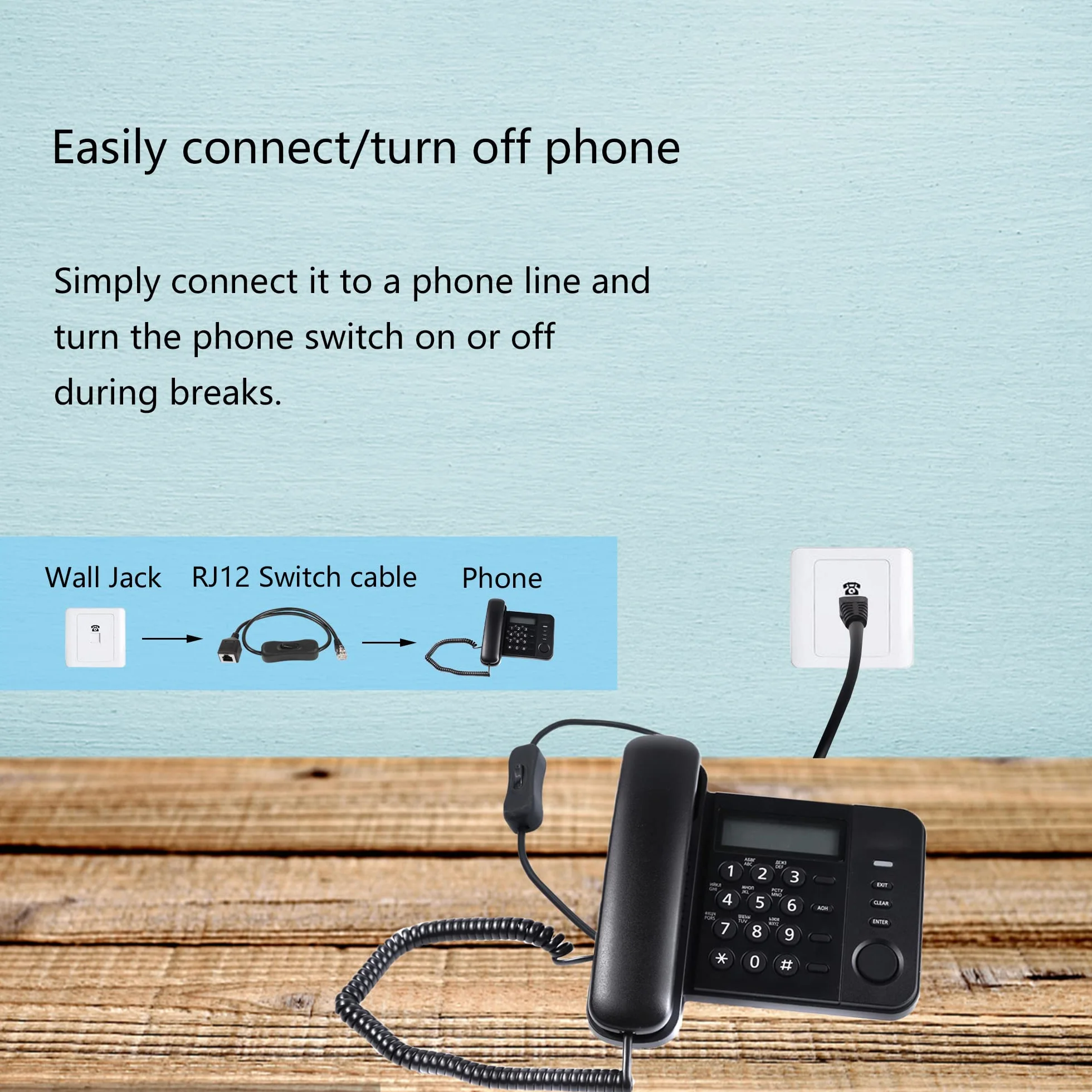 RJ12 Przewód telefoniczny włącznik/wyłącznik, wtyczka 6P6C, wtyczka do gniazda, telefon stacjonarny, kabel telefoniczny z odłącznikiem, czarny, 50 cm