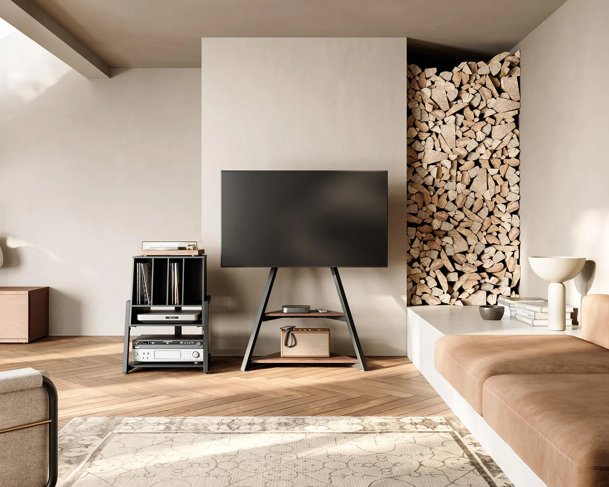 FITUEYES Designerski gramofon, stół z drewna, metalu, stojak na gramofony, 120 płyt, kompaktowy gramofon, regał do salonu, pokoju muzycznego