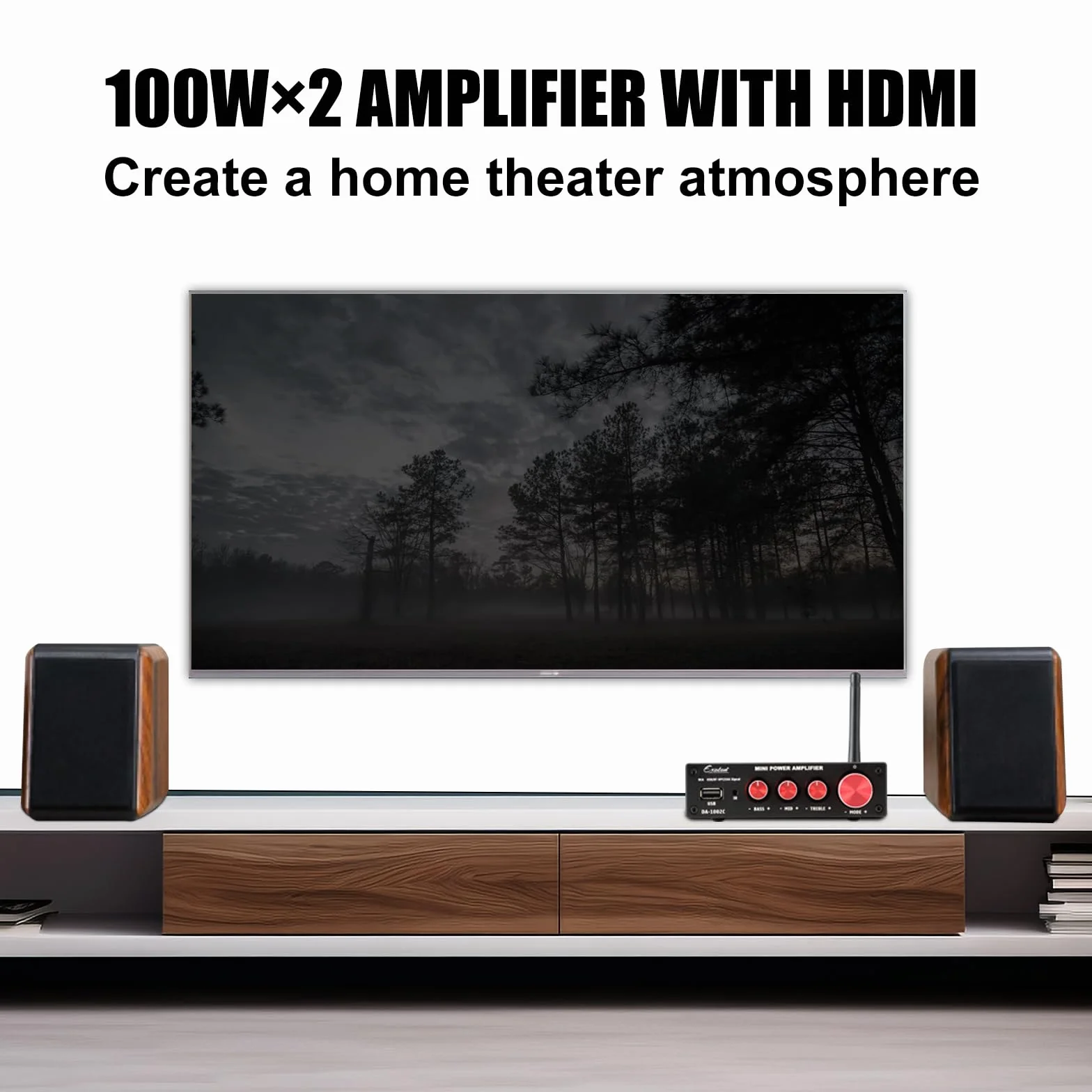 EXOTON 2-kanałowy wzmacniacz audio stereo Bluetooth 5.0, wbudowany mini wzmacniacz Hi-Fi klasy D 2.0 CH do głośników pasywnych, 100 W x 2 z regulacją basów i wysokich tonów