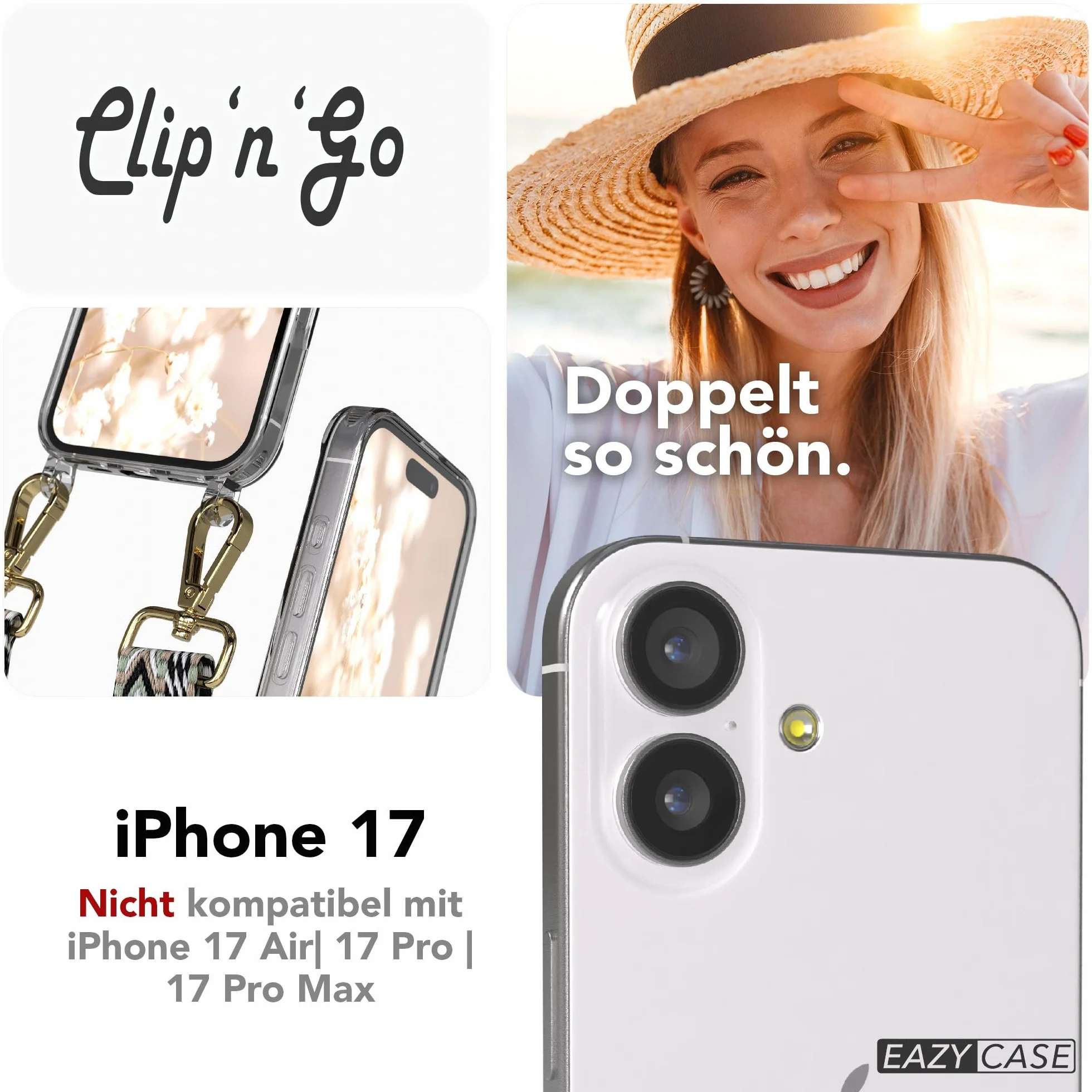 EAZY CASE Łańcuszek na telefon komórkowy – regulowany pasek do torebki kompatybilny z iPhone 17, pasek na ramię, sznurek do telefonu komórkowego z silikonowym etui, kompatybilny z Qi Charging, torba