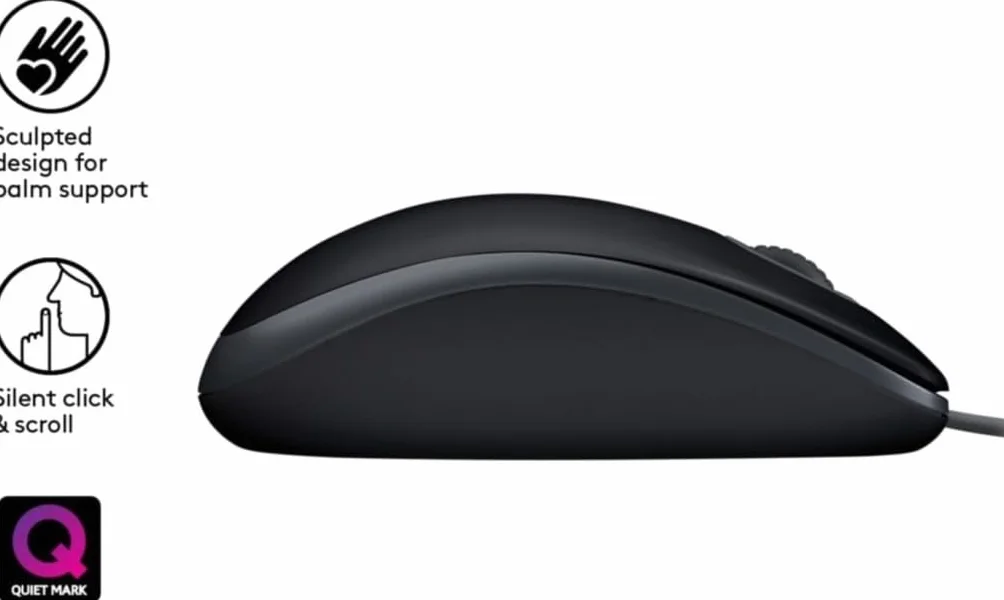 Logitech B110 Przewodowa mysz USB, ciche przyciski, wygodna konstrukcja dla użytkowników pełnowymiarowych, oburęczna, PC/Mac/Laptop - Szary