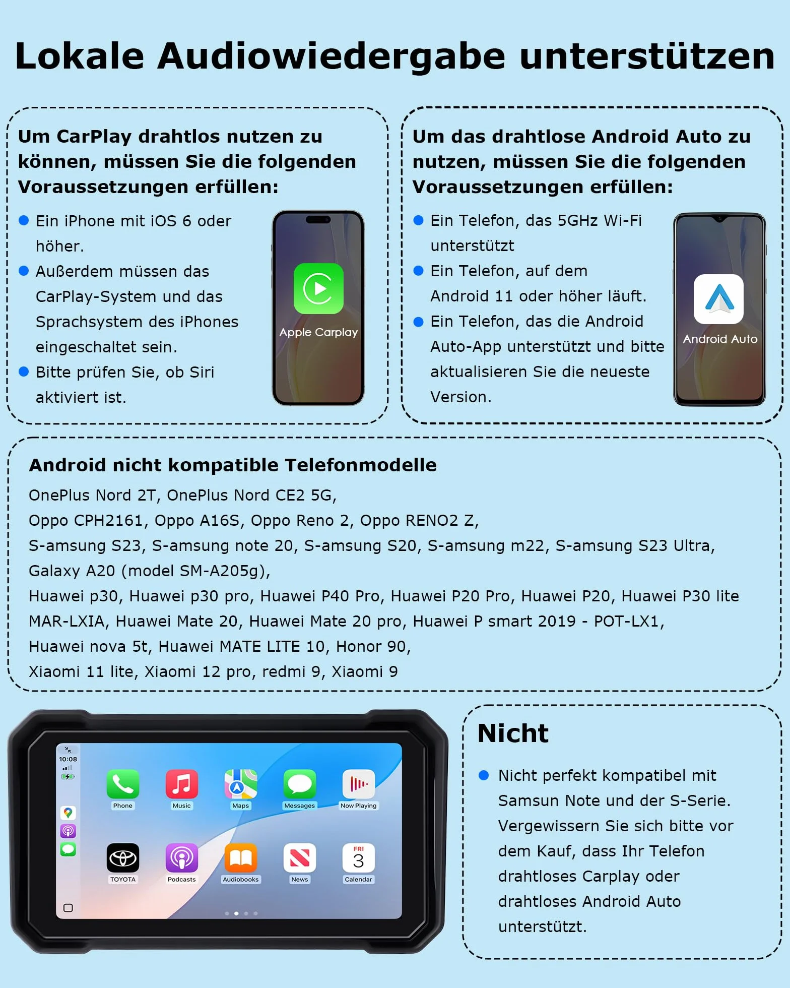 6,3" CarPlay ekran samochodowy do motocykla, z systemem Android, wodoszczelność IP67 | Motocykl wyświetlacz GPS nawigacja do motocykla Siri/Google Assistant obsługa Bluetooth