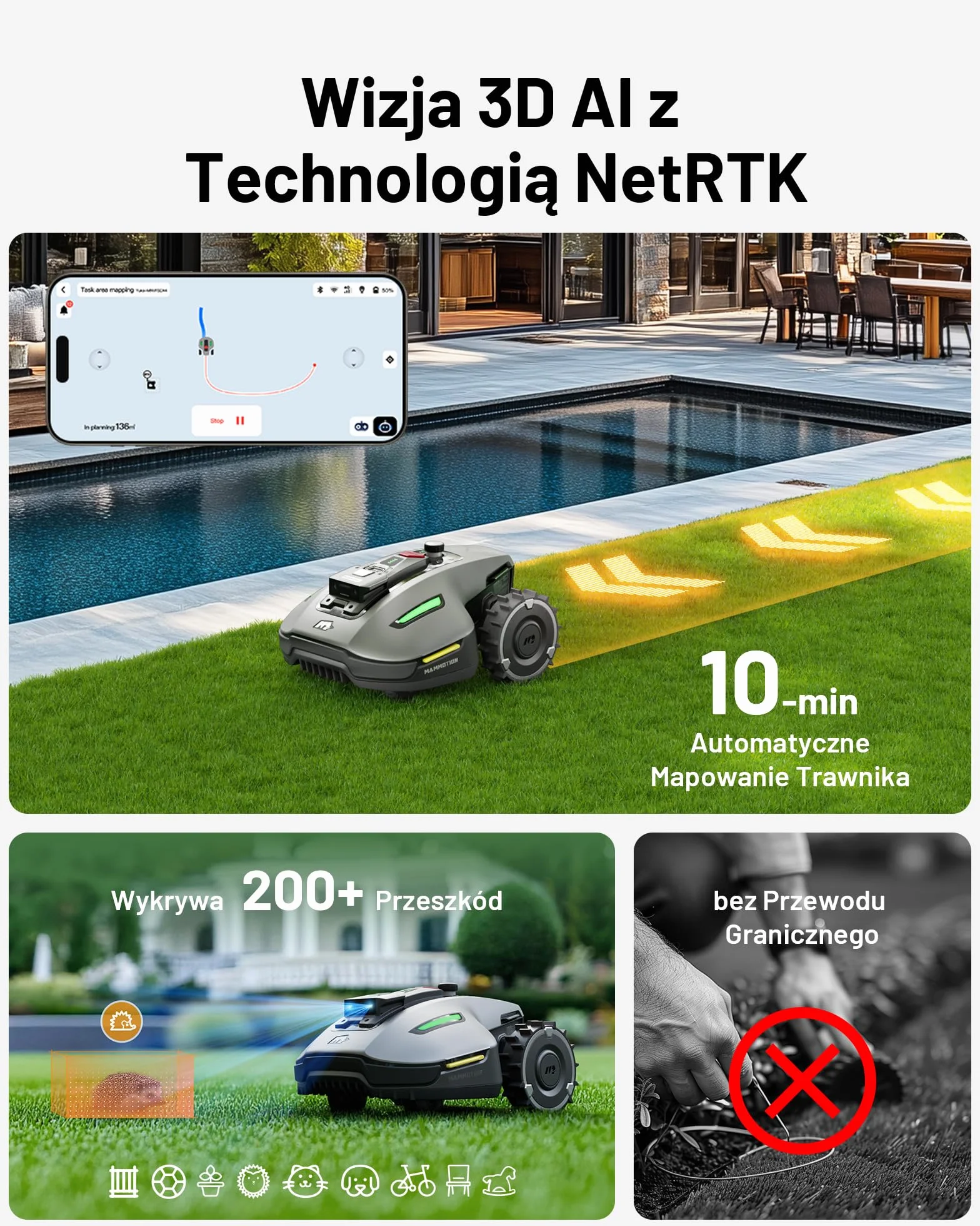 MAMMOTION YUKA mini Robot koszący UltraSense AI Vision RTK nachylenie 45% automatyczne mapowanie
