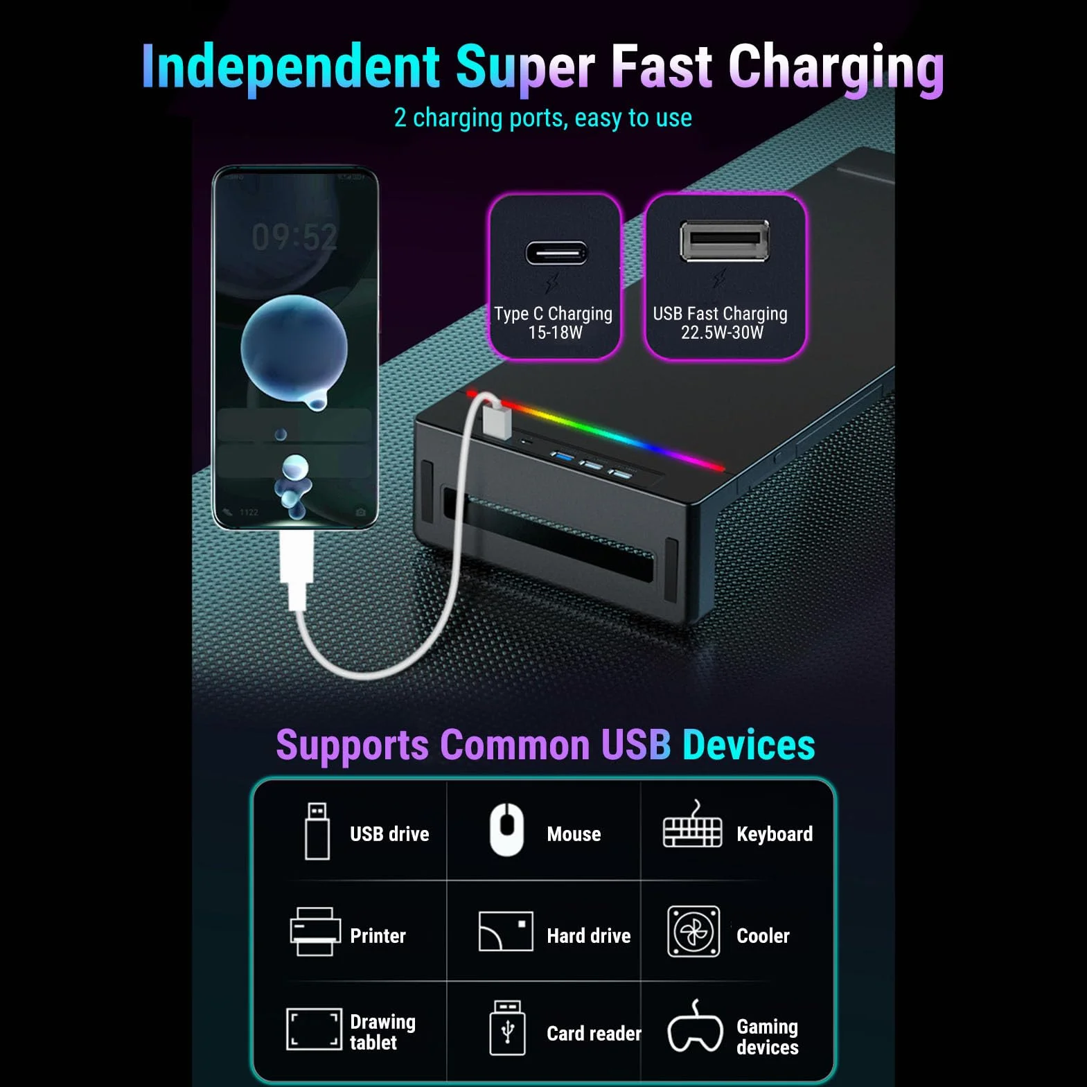 Jectse Podstawa Pod Monitor z 4 Portami USB, Podstawka Pod Monitor z regulacją Wysokości i ładowarką do Telefonu, Koncentrator Portów USB i Schowek na Szuflady, Organizer na Biurko z