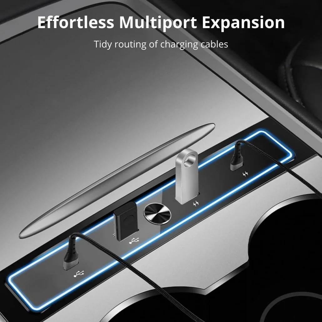 Hub USB do Tesla Model 3 i Model Y 2021 2022 2023, 4-portowa stacja dokująca USB do adaptera konsoli środkowej Tesla, wieloportowa stacja dokująca ze światłem LED do ładowania samochodu i transmisji