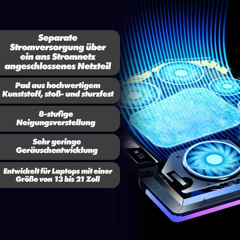 EXG D13 podkładka chłodząca do laptopa – podkładka chłodząca do notebooka z 6 wentylatorami, oświetlenie RGB, 8-stopniowe nachylenie, zasilanie przez USB lub zasilacz, ciche chłodzenie do laptopów 13