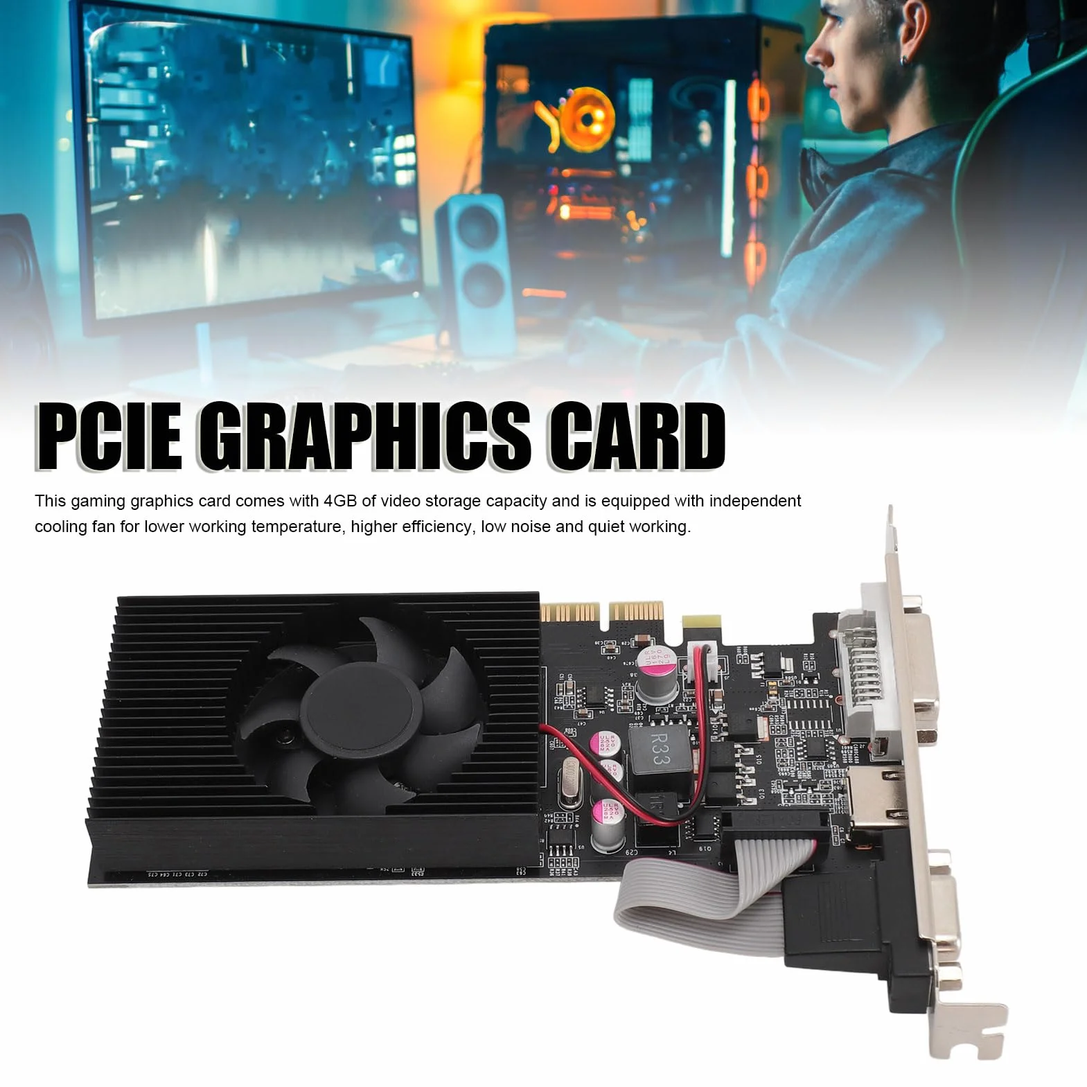 Karta Graficzna PCIe 2.0 16X, GT730 4GB GDDR3-karta Graficzna PCIe z Wentylatorem Chłodzącym, rdzeń Wysokiej Częstotliwości, Idealna do Systemów Windows 10 11 i Linux