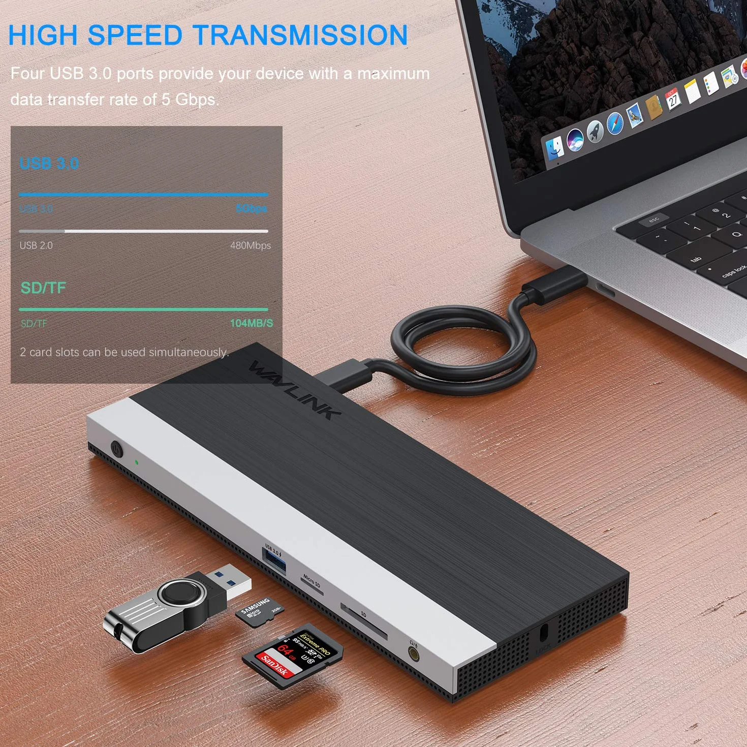 Stacja dokująca Triple Display Hub, stacja dokująca 13 w 1, adapter WAVLINK USB-C z 2 * 4K DP, HDMI, z zasilaczem 100 W (65 W PD) Ethernet, 4 USB3.0, SD/TF, audio, stacja dokująca USB C do HP Dell