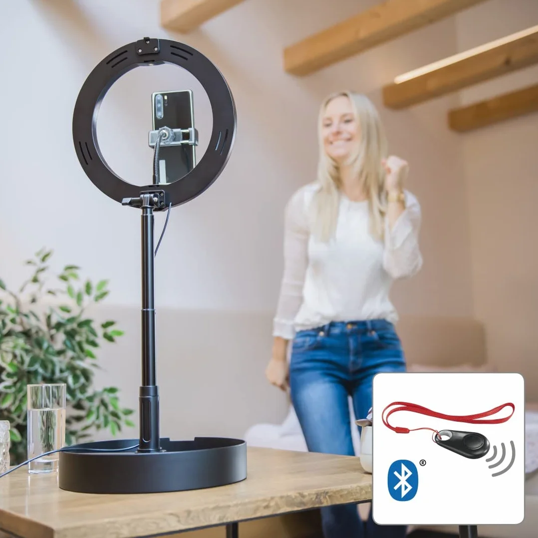 Hama Pierścień świetlny LED ze statywem i uchwytem na telefon komórkowy (pierścień świetlny 26,5 cm, lampa pierścieniowa z pilotem zdalnego sterowania Bluetooth, 3 temperatury barwowe, 10 poziomów
