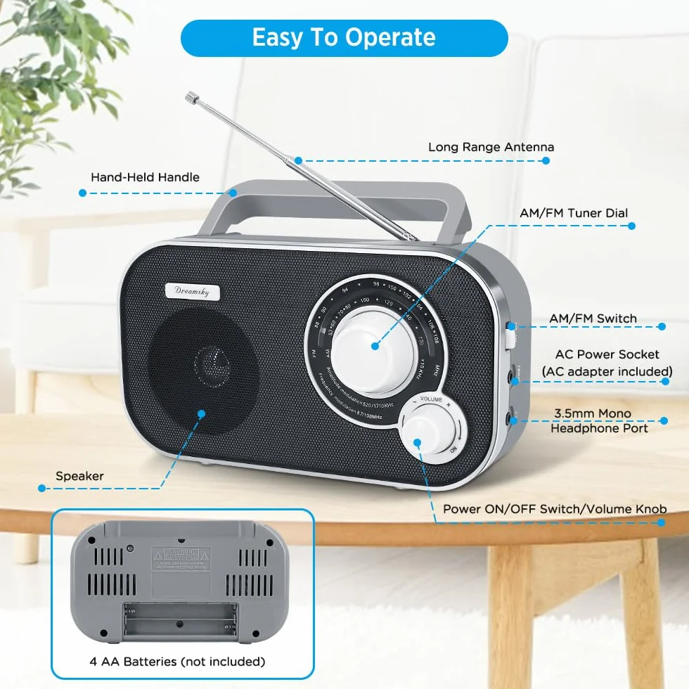 DreamSky Przenośne radio AM FM z doskonałym odbiorem, radio, zasilane bateryjnie, gniazdo sieciowe, z gniazdem słuchawkowym, ręczne radio tranzystorowe, małe prezenty dla seniorów w nagłych wypadkach