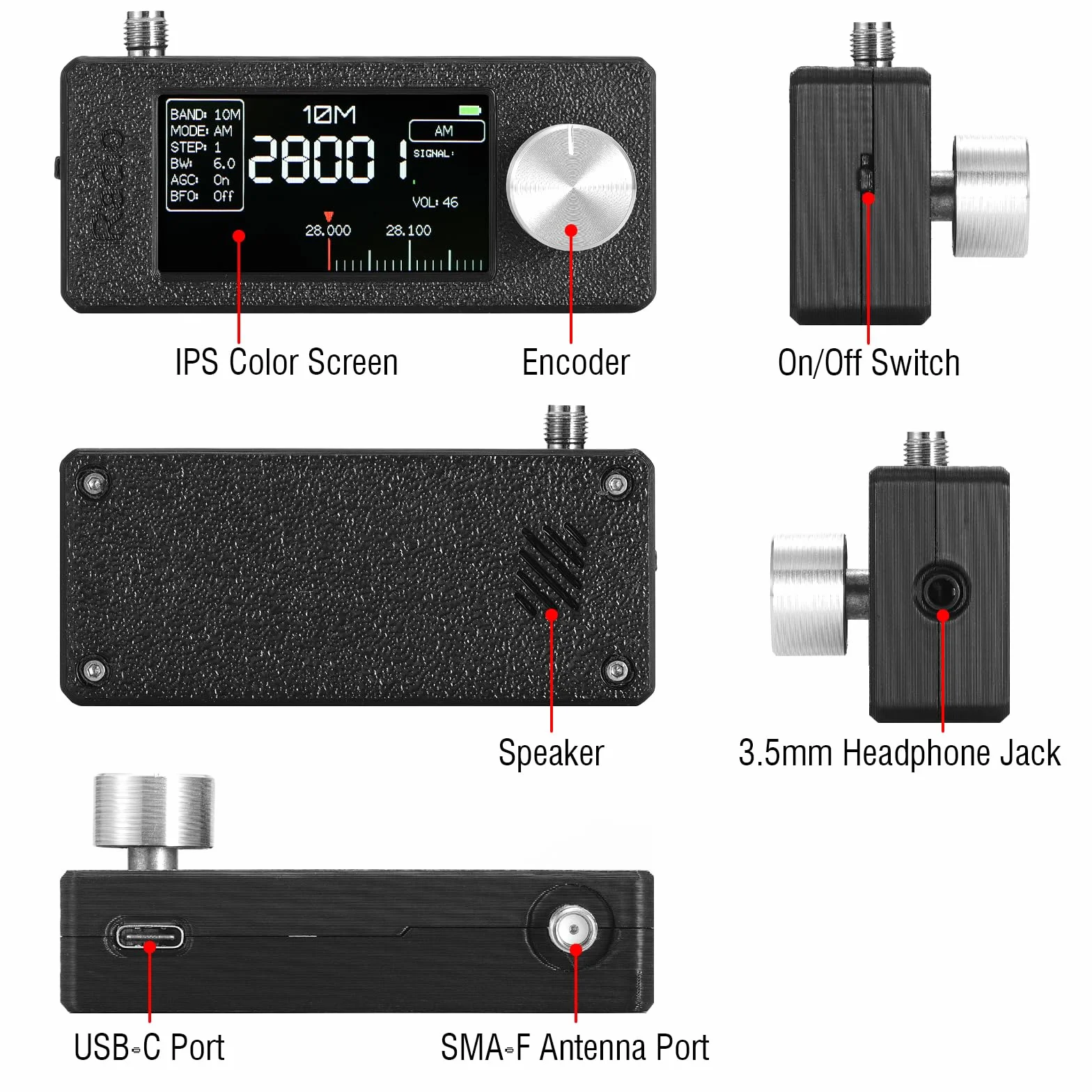 Raddy Mini Radio DSP Pełny Zakres Pasm z Chip Si4732, Odbiornik FM/SW/MW/VHF/CB Tryby LSB/USB, Wzmac. Słuchawkowy, Kompaktowy Ekran Kolorowy 1.9", Antena Teleskopowa + Donut, Aktualizacja firmware