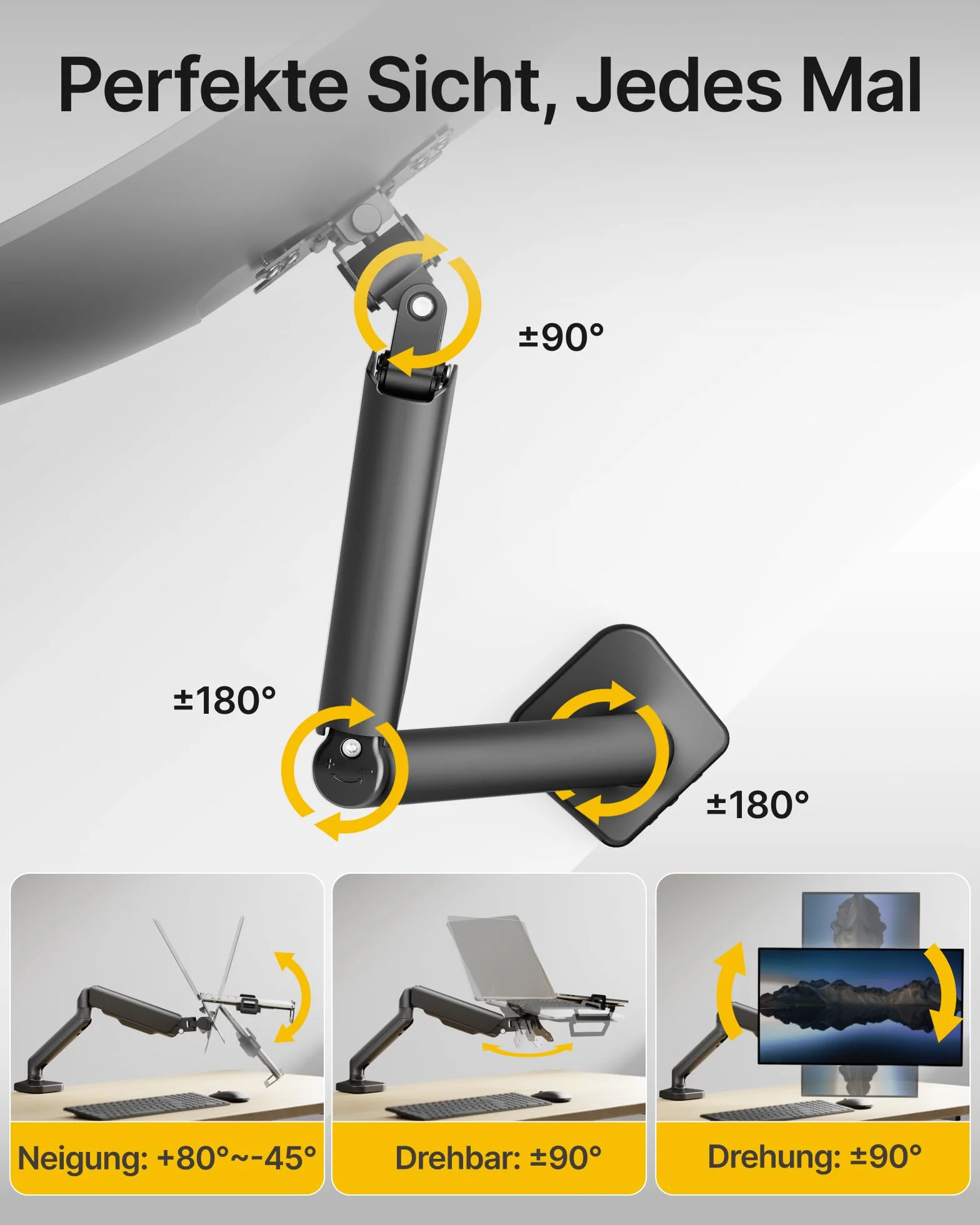 monTEK Uchwyt do Monitora i Laptopa 2 w 1, Regulowane Ramię do Monitora 17–32" i Laptopa 12–18", VESA 75x75/100x100, Mocowanie Zaciskowe lub Przelotowe, Czarny