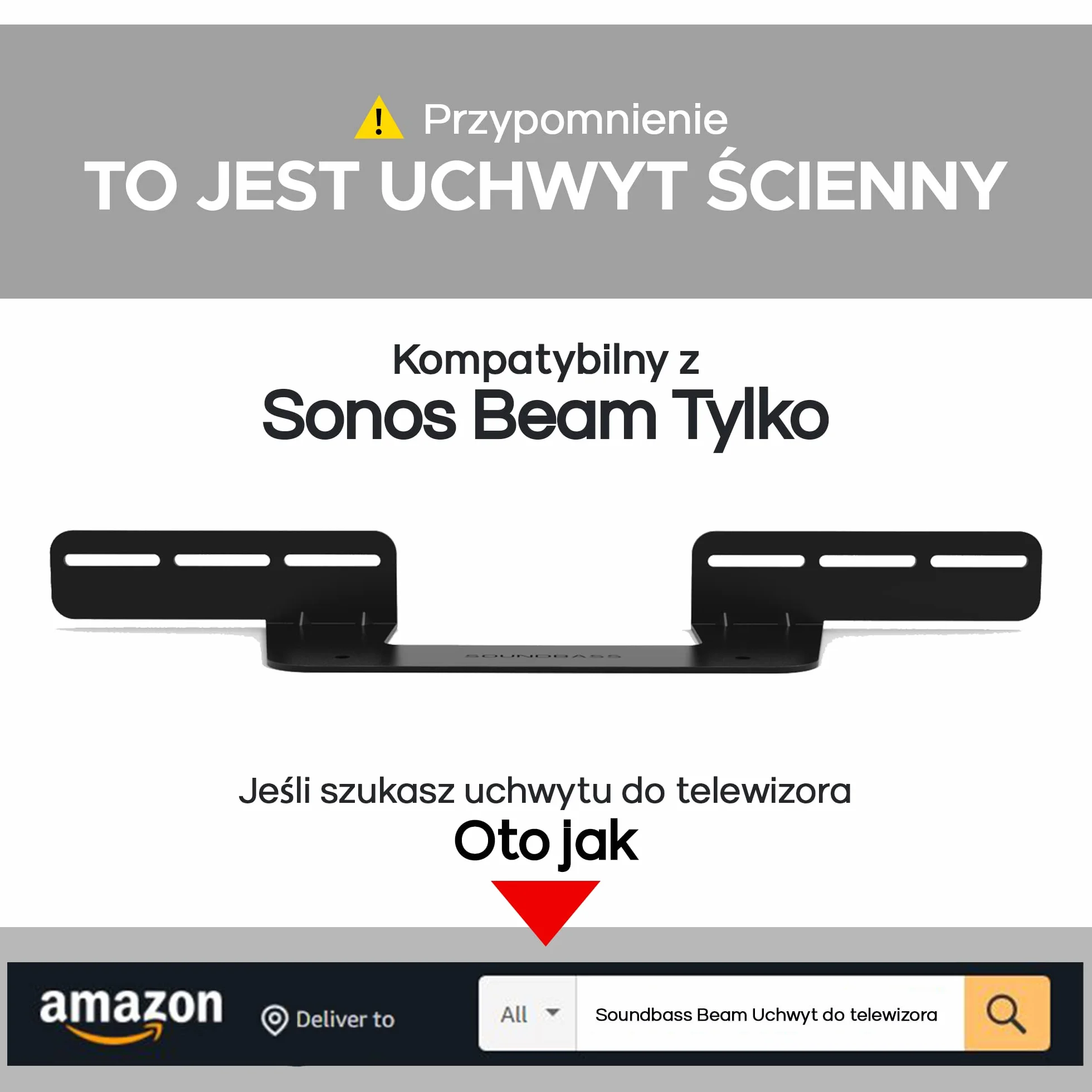 Beam uchwyt ścienny do montażu, czarny, zawiera zestaw akcesoriów montażowych do zawieszenia listwy Sonos Beam dźwiękowej, zaprojektowany w Wielkiej Brytanii przez Soundbass