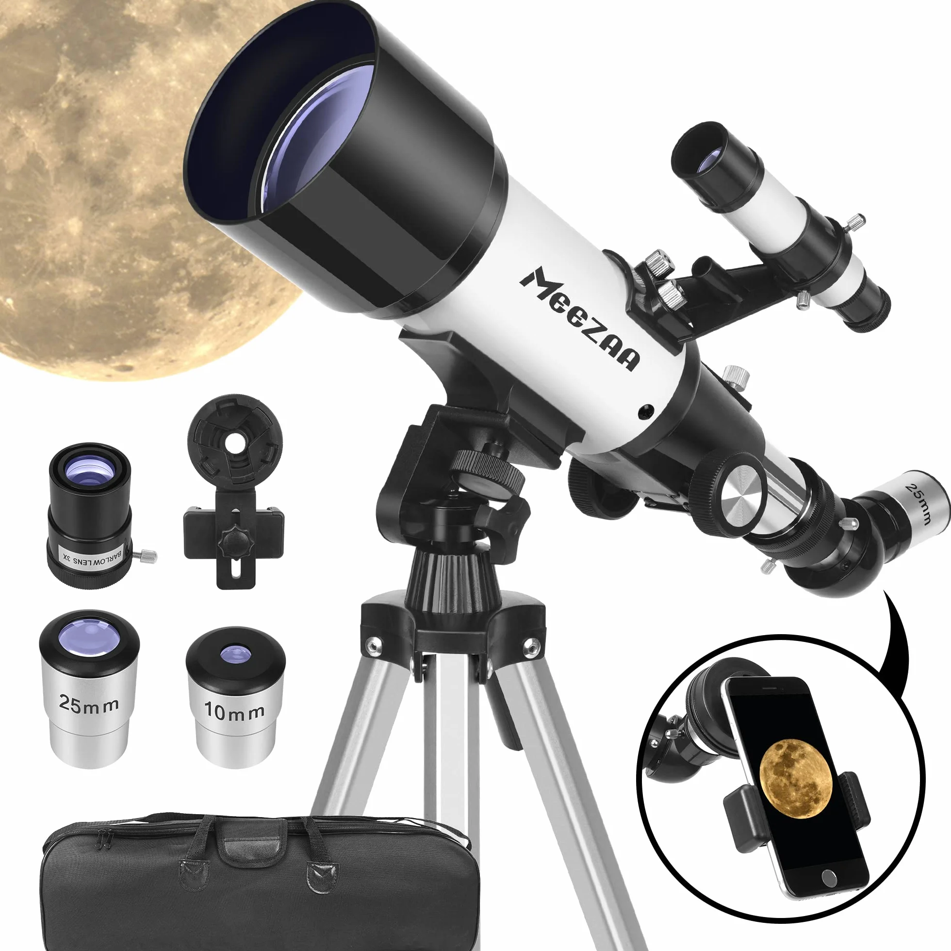 MEEZAA Teleskop dla dorosłych, otwór 70 mm i ogniskowa 400 mm, profesjonalny teleskop astronomiczny dla dzieci i początkujących, z statywem z stali nierdzewnej i adapterem do smartfona