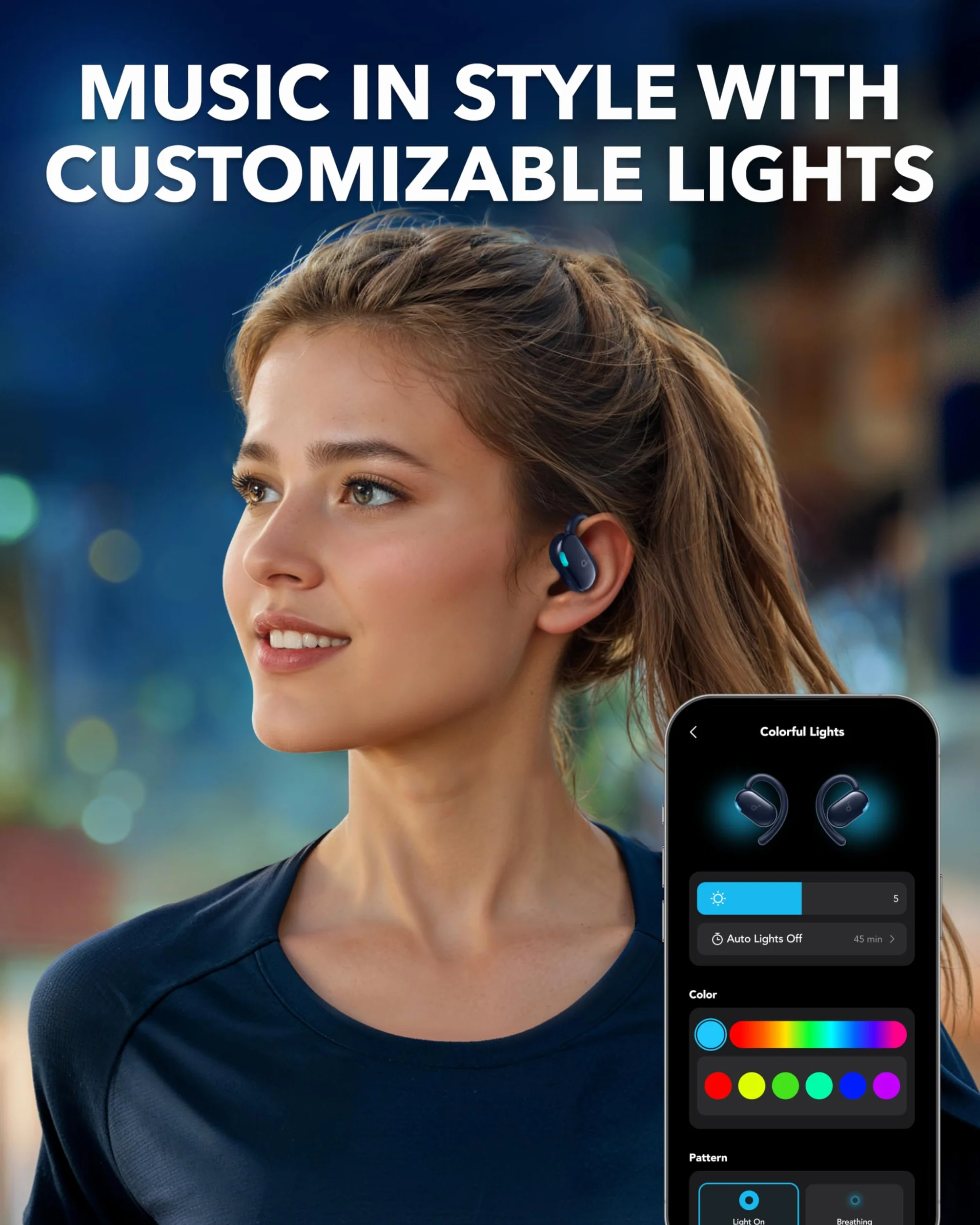 soundcore słuchawki otwarte V20i, klips, IP55, LED, 36 godz | regulowane zaczepy na uszy, ultra-komfortowe, wygodne dopasowanie, wyraźne rozmowy, IP55, oświetlenie LED, 36 godz. pracy