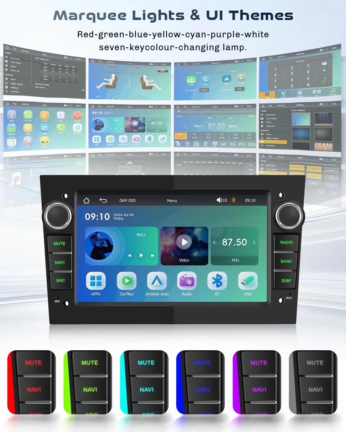 Roinvou Radio samochodowe z wyświetlaczem 7" do Opel Astra Antara Vectra Corsa Zafira Meriva Combo CarPlay Android Auto, 7 kolorów LED, UI, ekran dotykowy radio Bluetooth 5.2, Mirror Link, EQ, FM, SWC