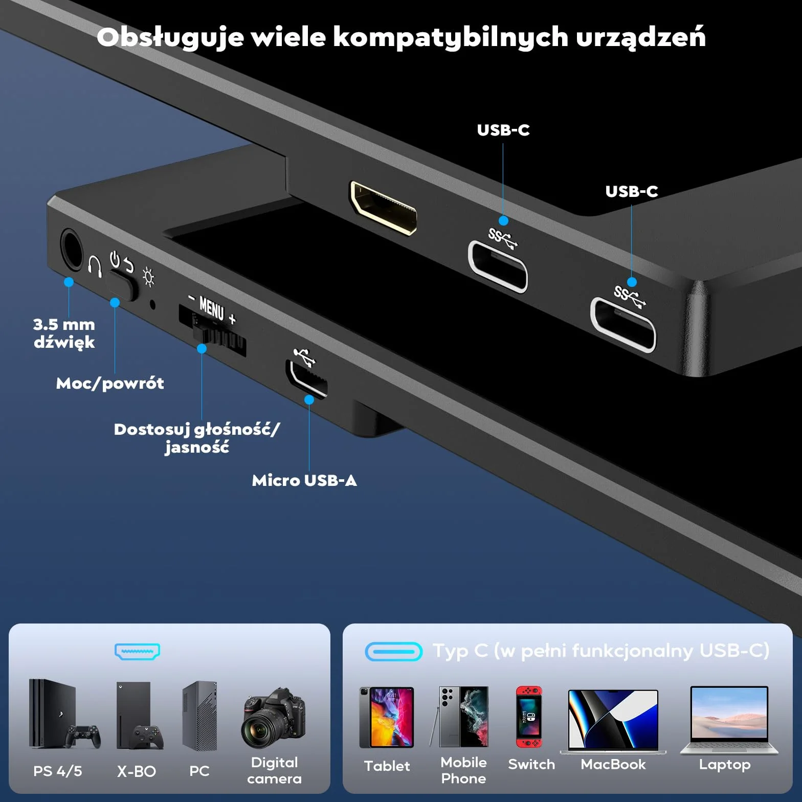 HONGO monitor przenośny do laptopa, ekran przenośny 15,6 cala 1920 x 1080 FHD, USB-C HDMI monitor do laptopa wbudowane głośniki z inteligentną obudową, ekran do laptopa PC Mac PS3/4/5/X-BO/Telefon