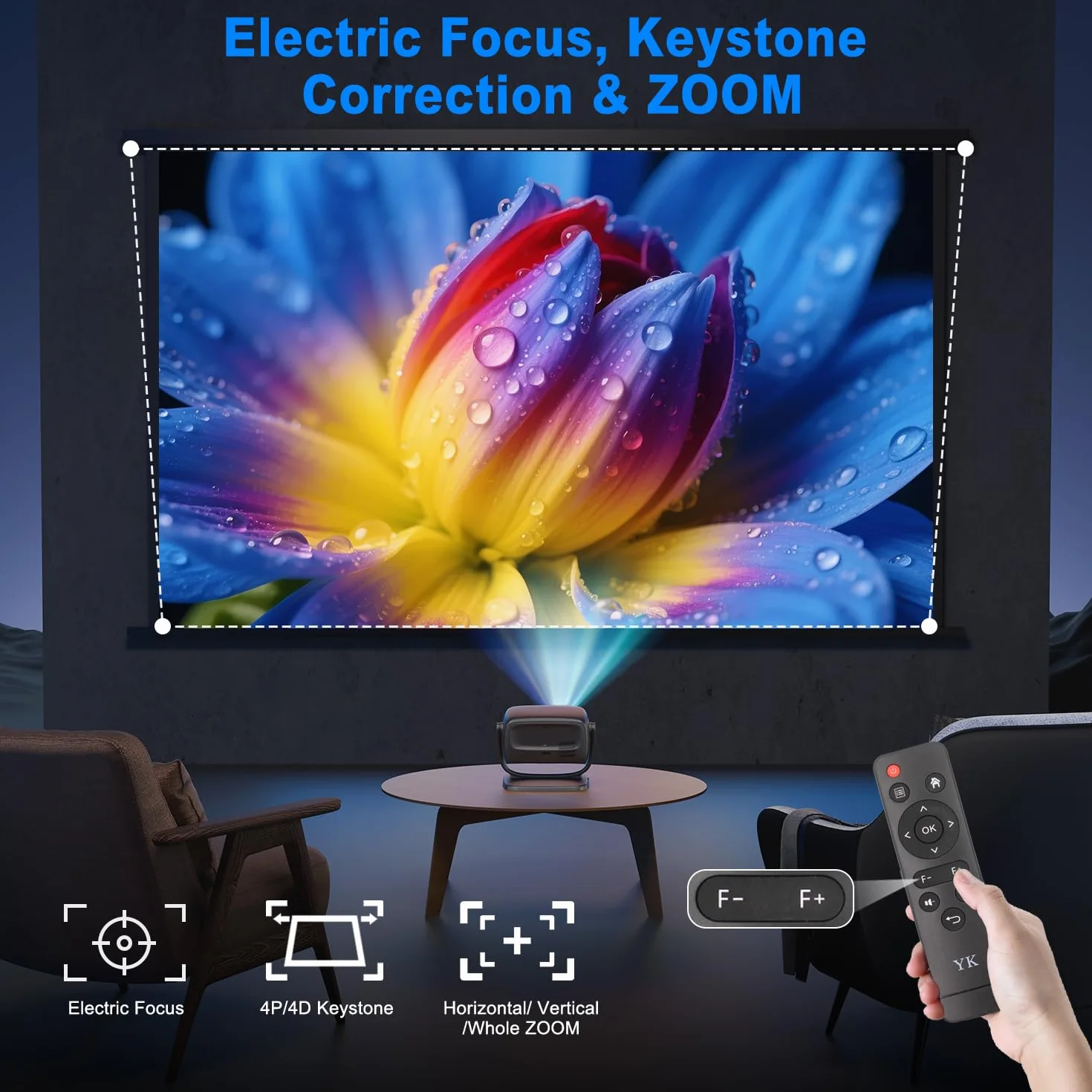 Projektor 4K, elektryczny ostrość, obrót 180°, 26000Lux projektor kina domowego z WiFi 6 i Bluetooth, zoom, korekcja trapezowa, natywny reflektor 1080P do smartfonów z systemem iOS/Android