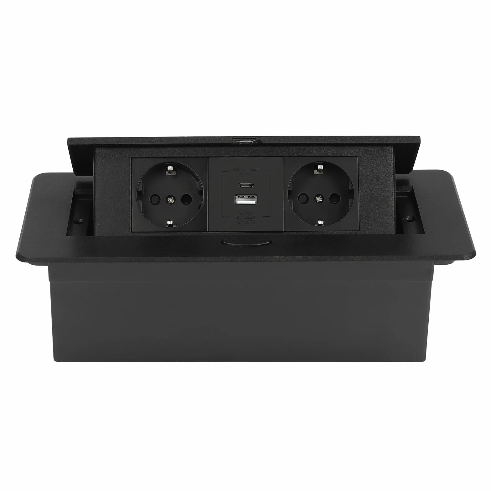 Wysuwana listwa zasilająca, gniazdo wtykowe do zabudowy z USB + typ C Pop Up, gniazdko biurkowe, gniazdko na biurko z 2 gniazdami UE do blatu roboczego, biura (czarna)