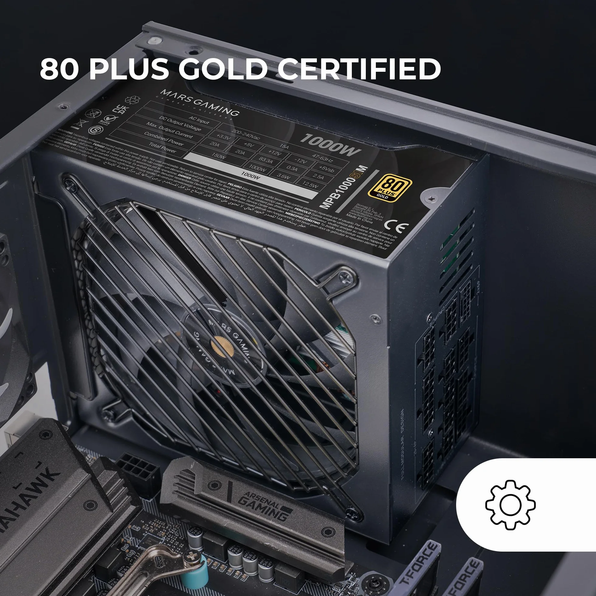 Mars Gaming MPB1000SIM, W Pełni Modularny Zasilacz ATX 1000W, 7 Lat Gwarancji, 80Plus Gold 90%, Wentylator SI Extreme Silence 140mm, Technologie AI2-RPM, Japońskie Kondensatory, Czarny