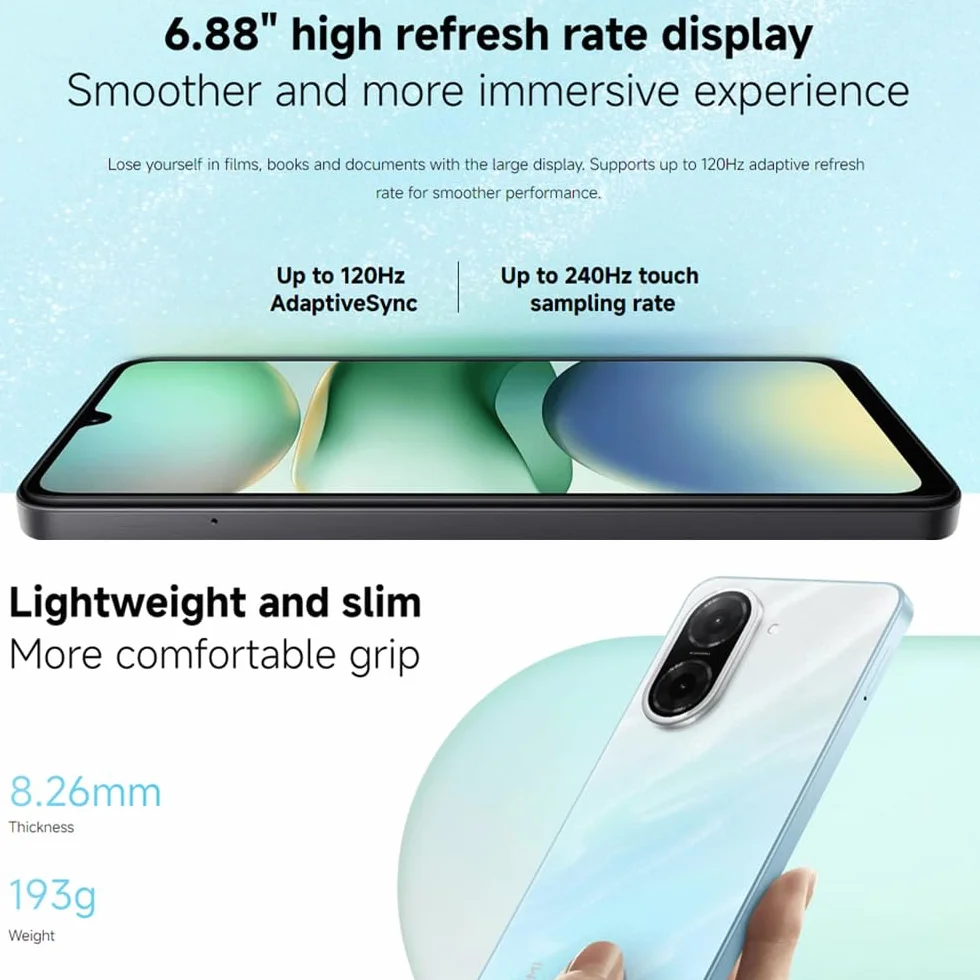 XIAOMI Redmi A5 4G, smartfon, czarny, 4 GB + 128 GB, 6,88", wyświetlacz 120 Hz, aparat 32 MP, duża bateria 5200 mAh, bez NFC, z ładowarką