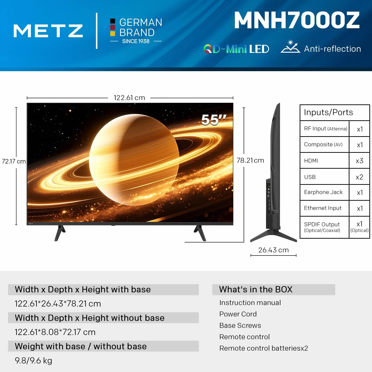 Metz Mini QLED TV 55 cali (139 cm) Smart 4K Telewizor Google TV lokalne ściemnianie Matowy ekran antyrefleksyjny Dolby Atmos MEMC HDR 10+ Bluetooth S AI Tuner procesora DVB-T/-T2/-C/-S/-S2 CI+