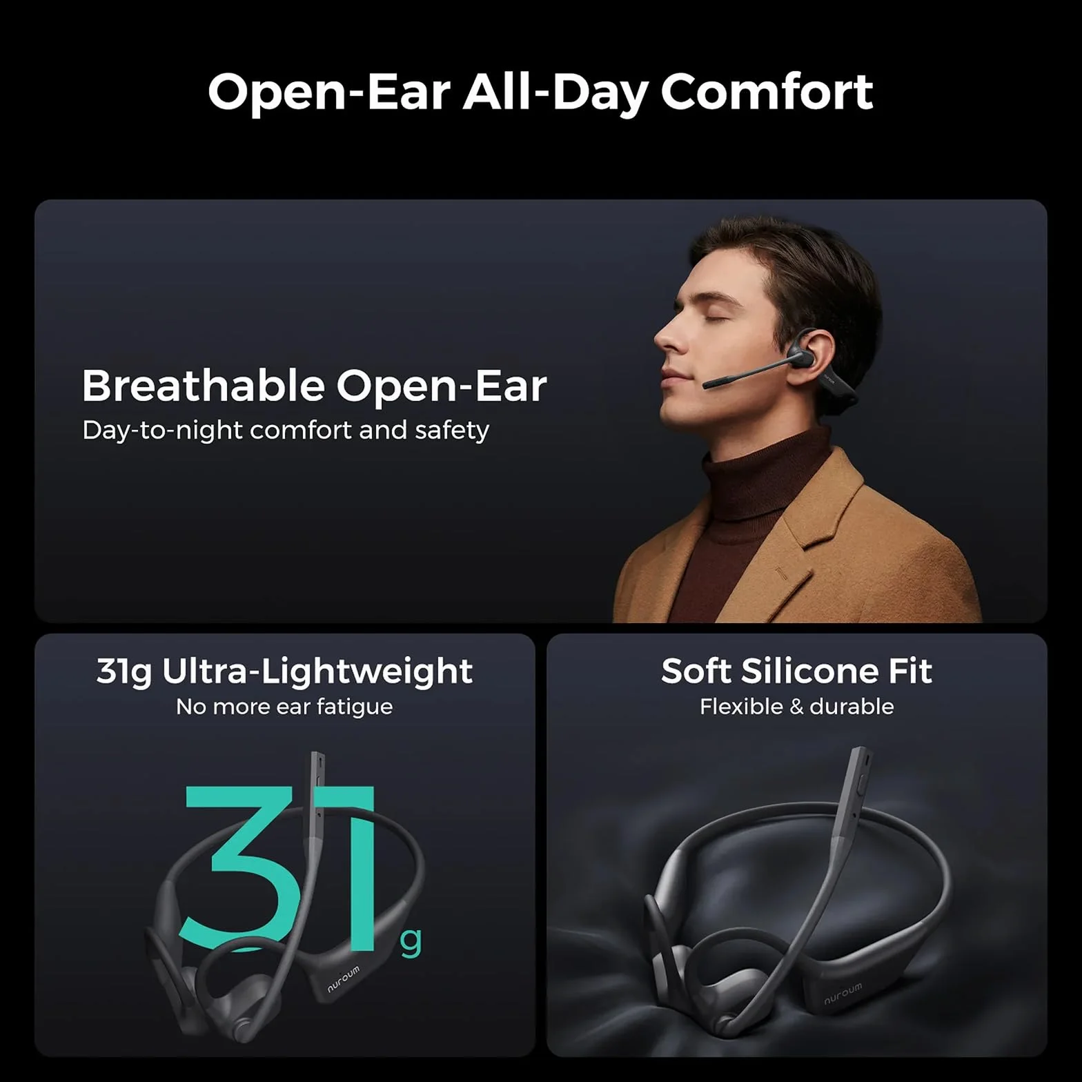 Nuroum OpenEar Pro Bezprzewodowy zestaw słuchawkowy Bluetooth z mikrofonem, redukcja szumów podczas rozmów, połączenie wielopunktowe Bluetooth 5,3,15 H, wygodne, bezprzewodowe słuchawki do pracy