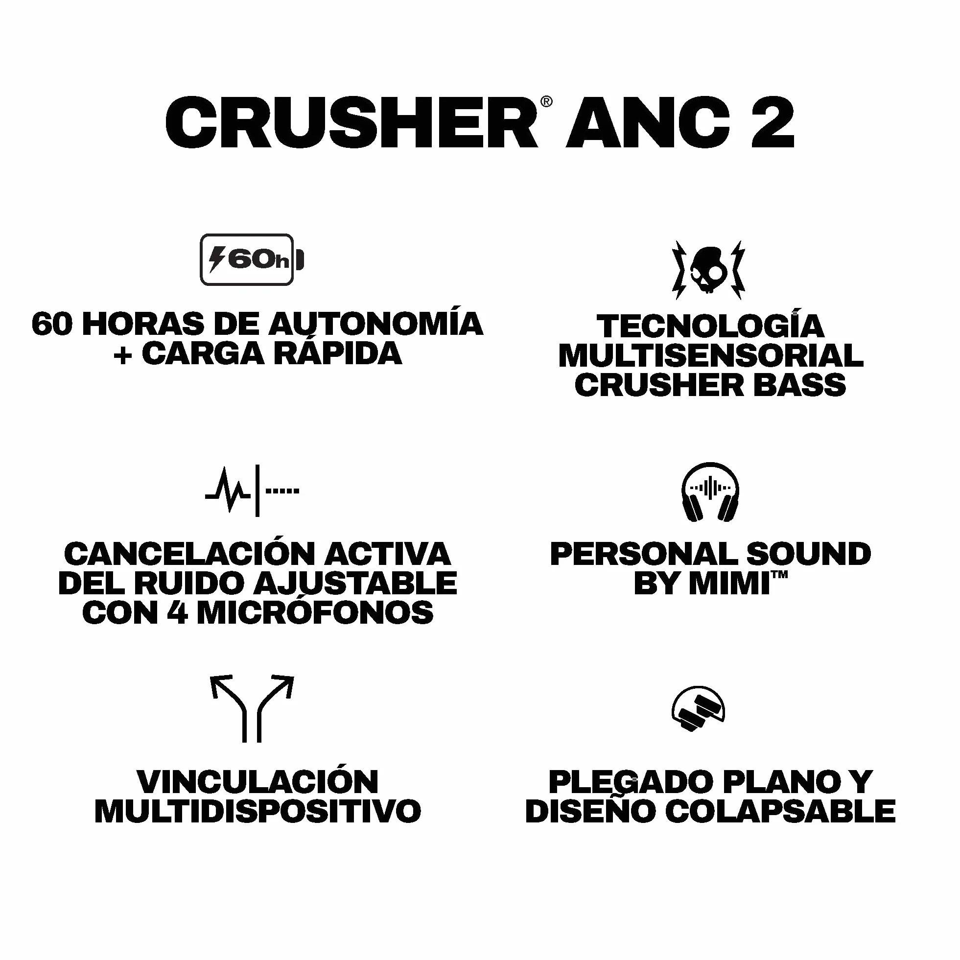 Skullcandy Crusher ANC 2 Słuchawki Bluetooth z Aktywną Redukcją Szumów 50 Godzin Słuchania Mocny Regulowany Bas Extra Charging Cable Android i iPhone Słuchawki Bezprzewodowe z Redukcją Szumów, Bone