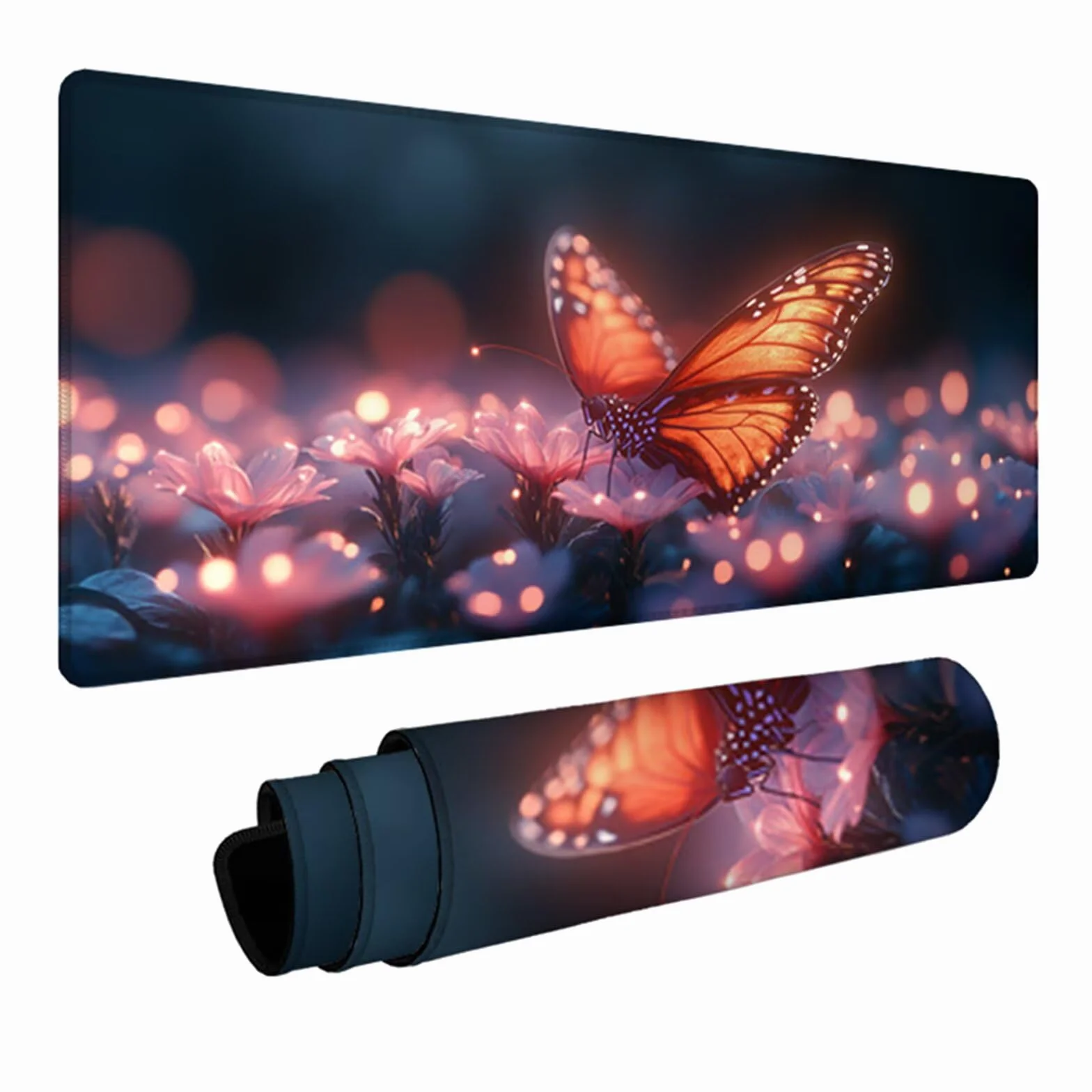 Podkładka na biurko dla graczy, motyl, kwiat, podkładka pod mysz XXL, 1000 x 500 x 3 mm, podkładka pod mysz ze zszytymi krawędziami, akcesoria do gier, mata na biurko z antypoślizgową gumową podstawą