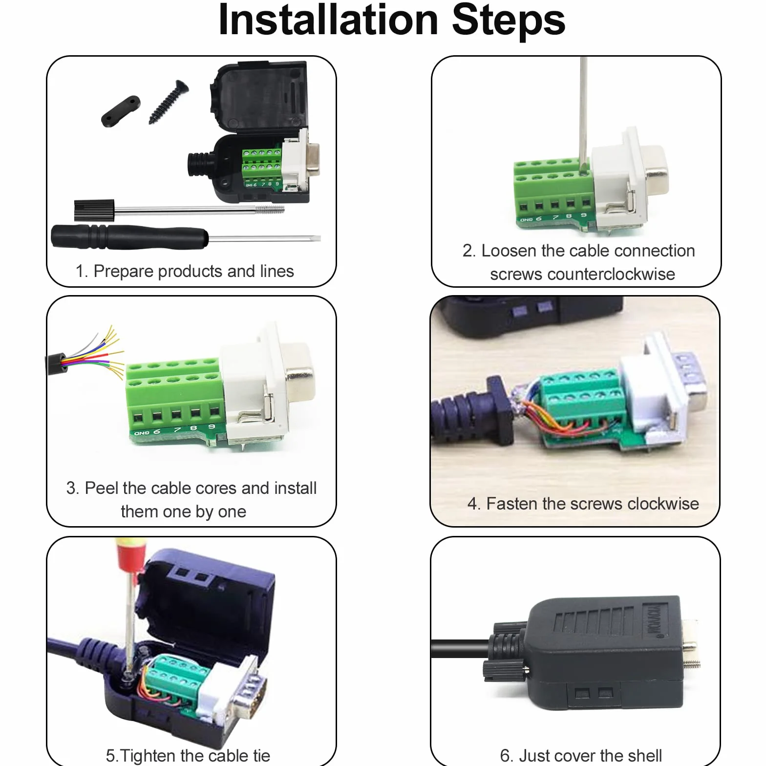 DB9 Breakout Connector, DB9 Solderless RS232 D-SUB żeńskie adaptery szeregowe 9-pinowy port biały adapter do modułu sygnałowego złącza zaciskowego z obudową i nakrętką