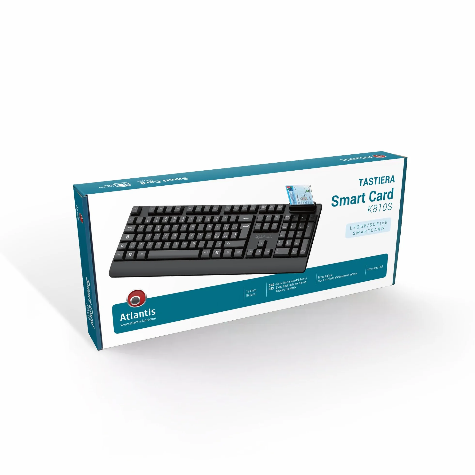 Atlantis Klawiatura z wbudowanym czytnikiem kart SmartCard, włoska QWERTY, odczyt CNS, CRS, karta zdrowia, podpis cyfrowy, złącze USB, kabel 1,5 m - czarny