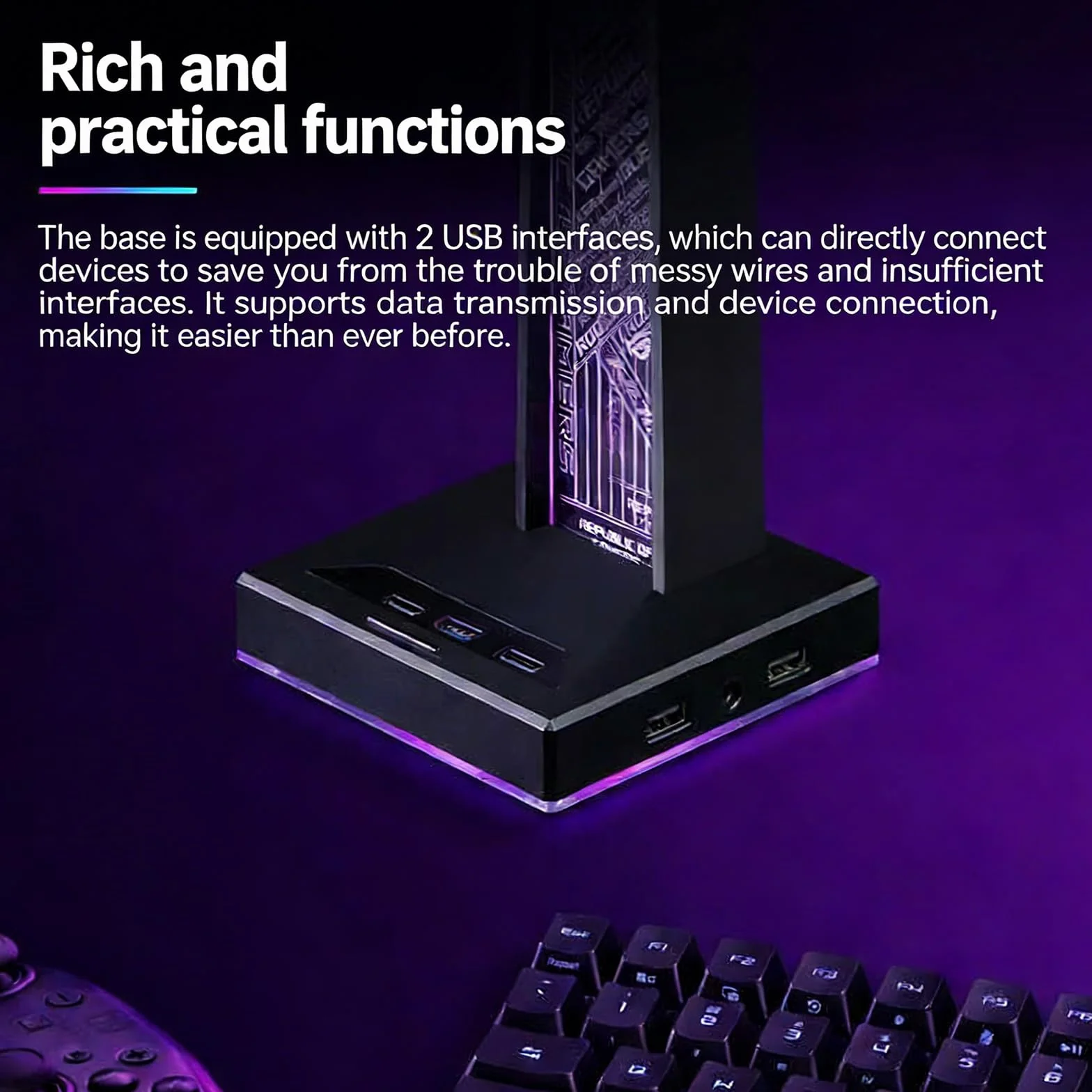 Stojak na słuchawki gamingowe z oświetleniem RGB, uchwyt na słuchawki LED z 2 portami USB i portami audio 3,5 mm, 10 trybów świecenia do wszystkich słuchawek