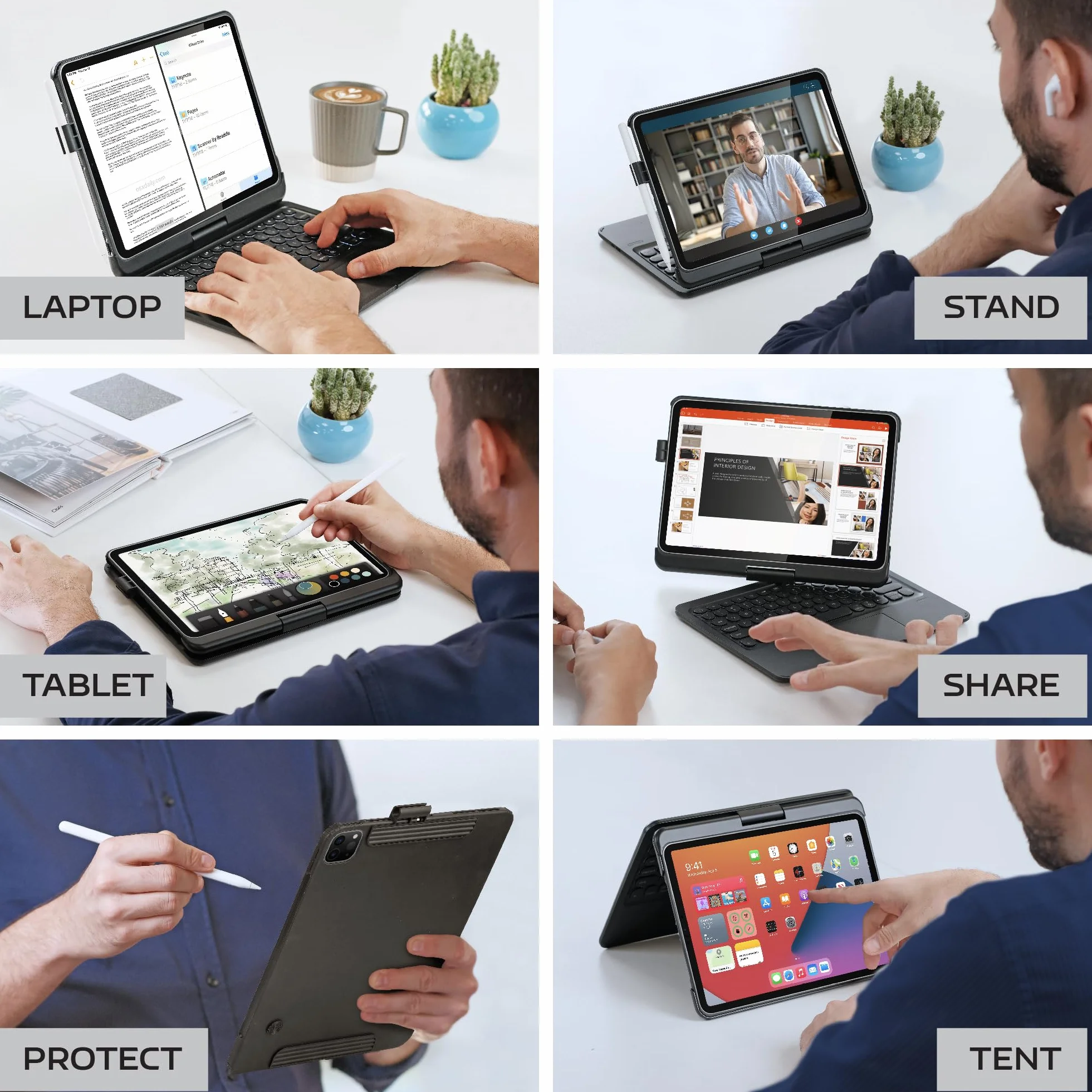 Etui na klawiaturę do iPad Pro 6/5 generacji 2018/2017 9,7", 360°, iPad Air 2/Air 1, bezprzewodowa klawiatura Bluetooth z touchpadem, 7-kolorowe oświetlenie (czarne)