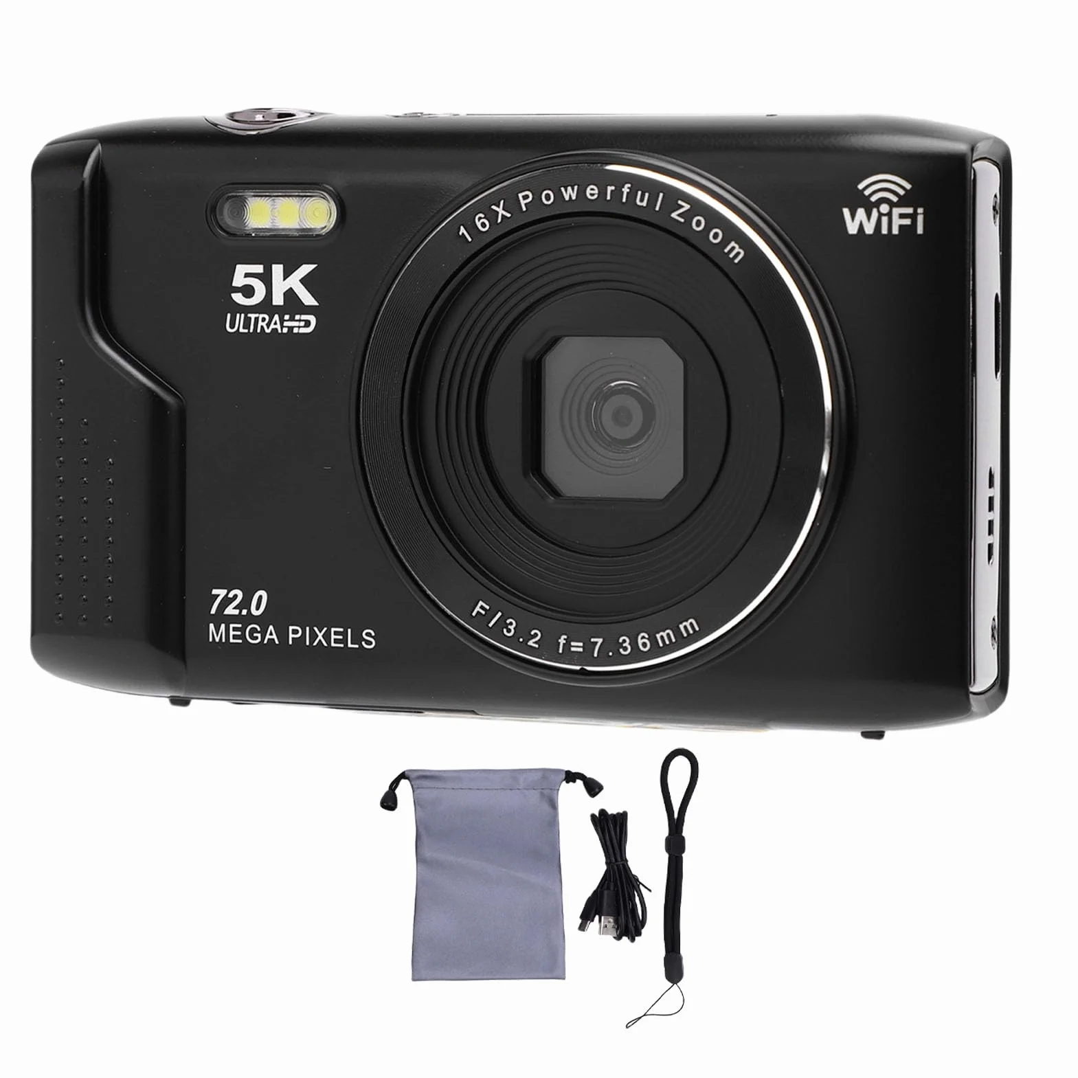 Aparat Cyfrowy, 5K 72MP UHD Autofocus WiFi z 16x Zoom, Ekran 2,8 Cala, Błyskowa, Kompaktowy dla Vlogu, Karta 64 GB (64GB)