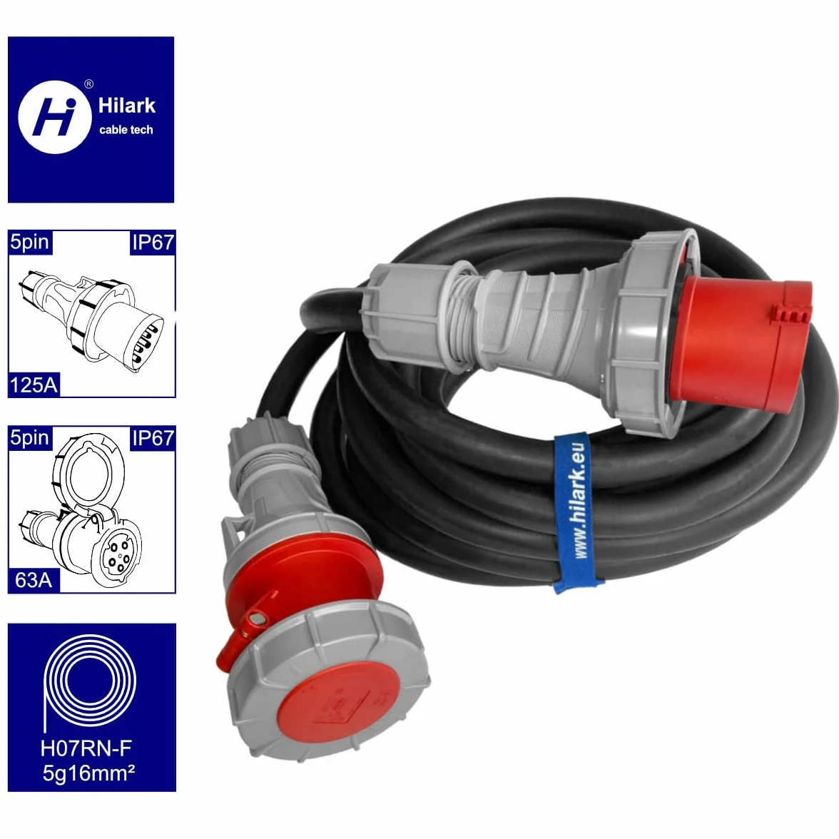 Hilark Cable Tech Przejściówka siłowa IP67, adapter 125A 5P na 63A 5P 3M