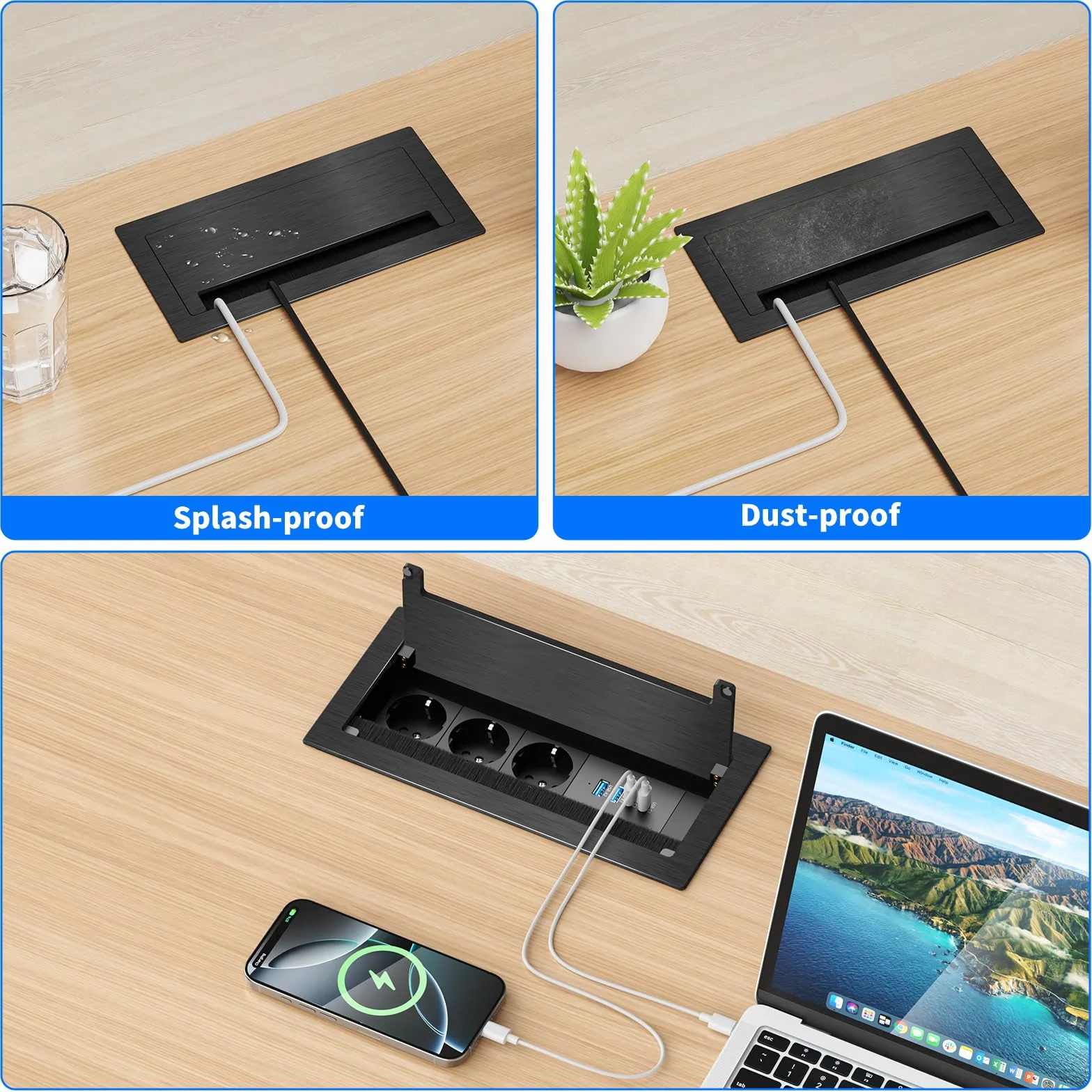 Gniazdko do zabudowy z aluminium, z 3 gniazdami wtykowymi i 4 portami USB (2 x USB-C PD 30 W, 2 x USB-A), chowane gniazdko stołowe na biurko i do biura, kabel 1,8 m, czarne