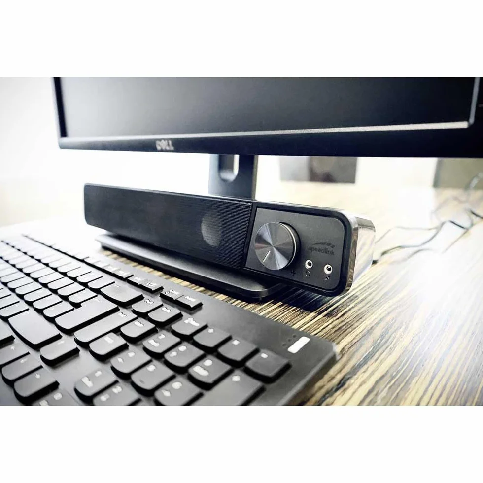 Speedlink BRIO Stereo Soundbar – dla komputerowa, doskonałej jakości dźwięku, 12 W, 2× wtyk jack 3,5 mm + wtyczka USB typu A, z regulacją głośności, gniazdem słuchawkowym i mikrofonowym, czarny