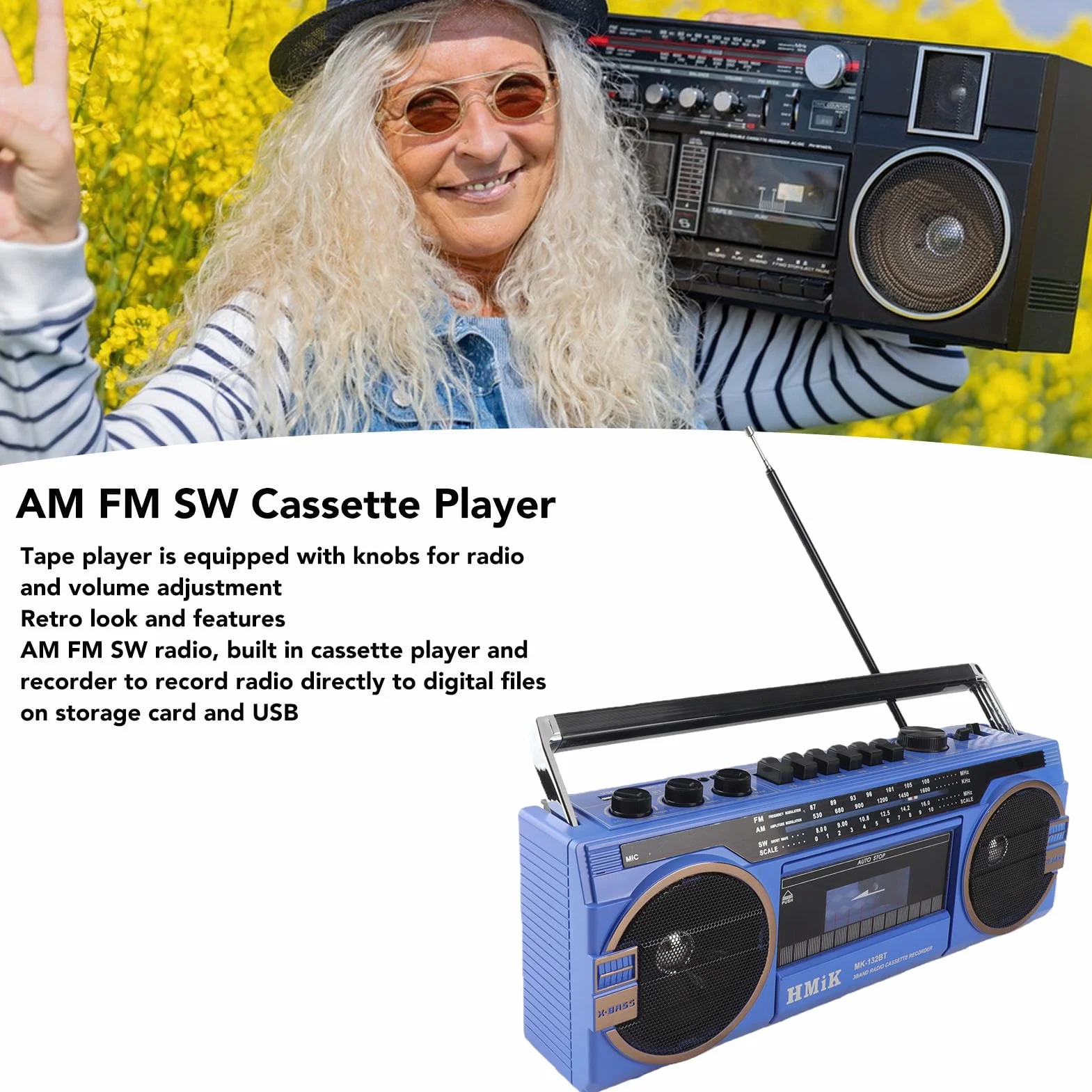 Odtwarzacz kasetowy, retro magnetofon w stylu vintage, złącze USB, gniazdo słuchawkowe, radio AM FM SW, gniazdo na kartę pamięci, wielofunkcyjny bezprzewodowy odtwarzacz kasetowy do