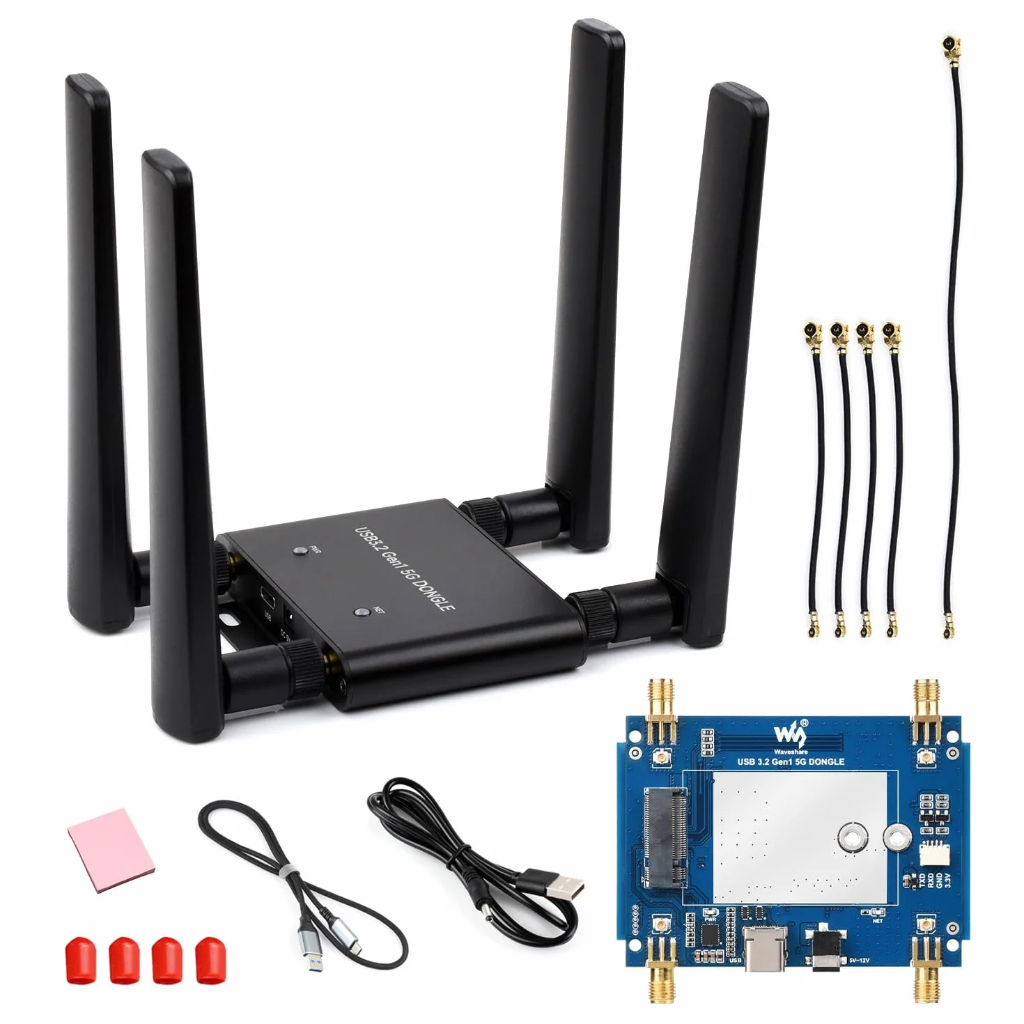 Waveshare 5G DONGLE Expansion Board ONLY, USB 3.2 Port, Aluminum Alloy Case, Quad Antennas, Onboard M.2 Key B Interface, Does NOT Include 5G Module