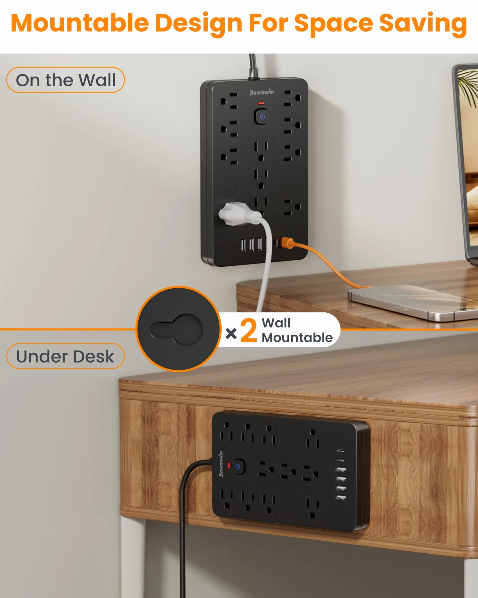 Listwa zasilająca z ochroną przeciwprzepięciową, 11 gniazd (1850 W/15 A) z 6 portami USB (2 USB C), płaski kabel przedłużający 1,8 m, do montażu na ścianie, czarna