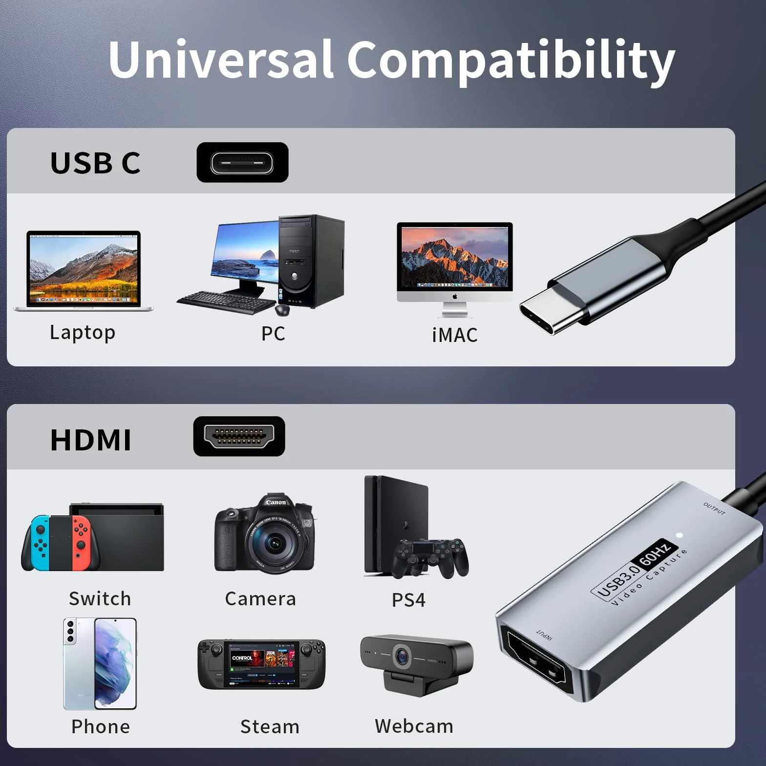 Newhope karta przechwytywania wideo, karta przechwytywania 4K HDMI na USB C 3.0, 1080p HD, 60 kl./s, na żywo i nagrywaj wideo, audio, do gier, przesyłania strumieniowego, nauczania, wideokonferencji