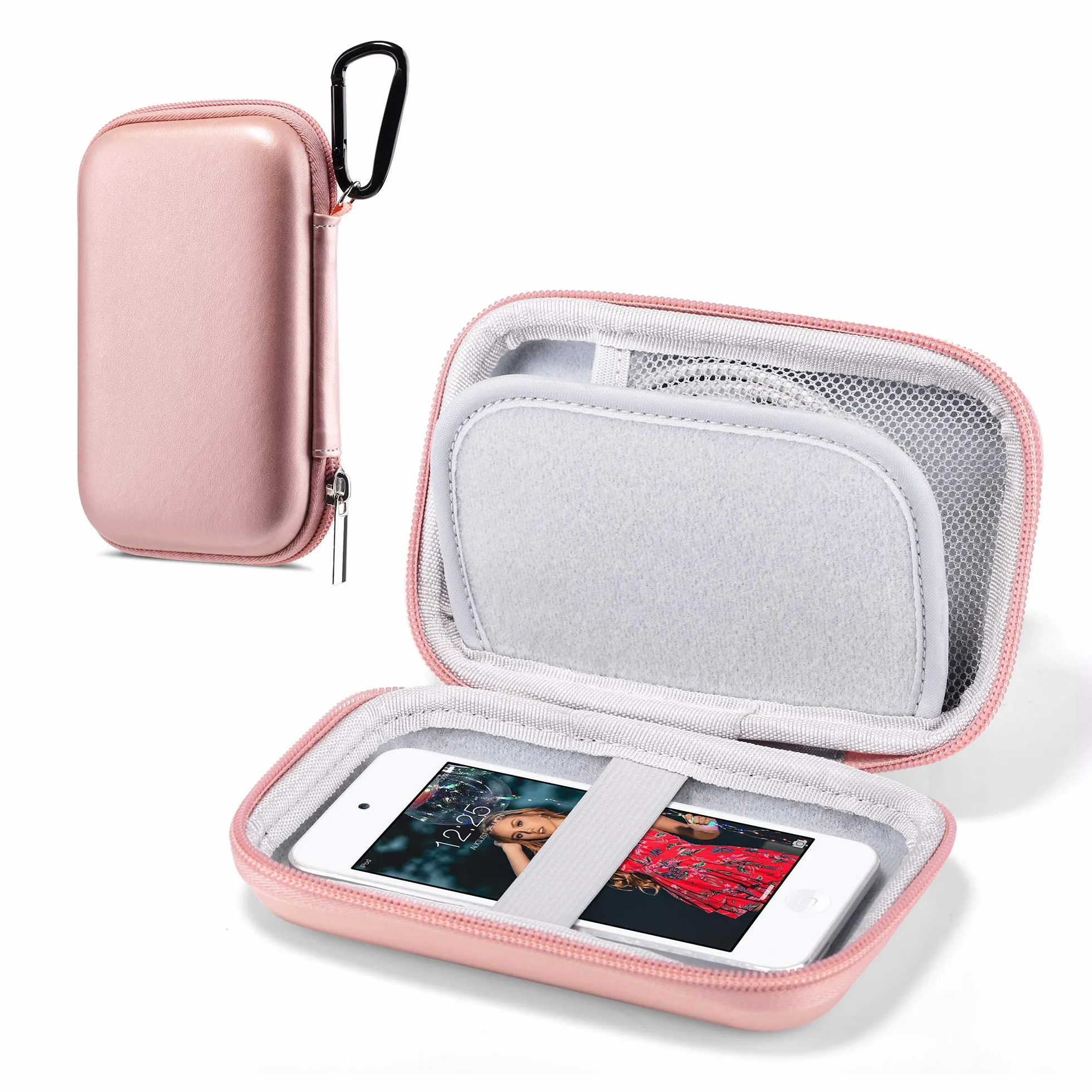 ULAK Organizer i ochrona etui do iPod Touch / Mp3 / Mp4 / słuchawki/klucz/kable USB /, nylonowe twarde etui ochronne z przenośnym karabinkiem przeciwwstrząsowym, różowe złoto