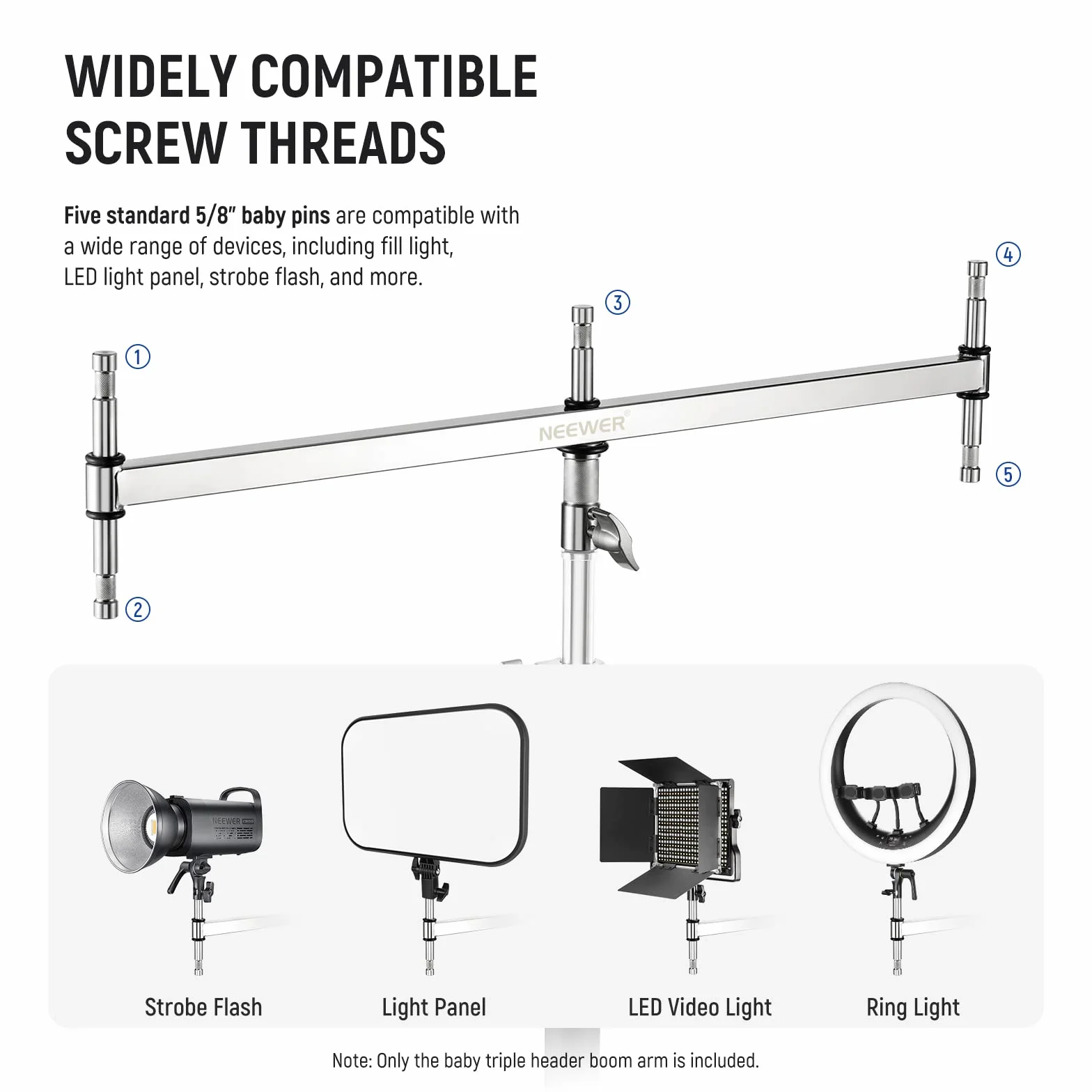NEEWER Potrójne ramię strzałki Adapter do oświetlenia stojaka C z 5 pinami 5/8" do oświetlenia wideo/błysku, 1 piny 1-1/8", kołek 16 mm/odbiornik 28 mm junior, stal nierdzewna, UA005