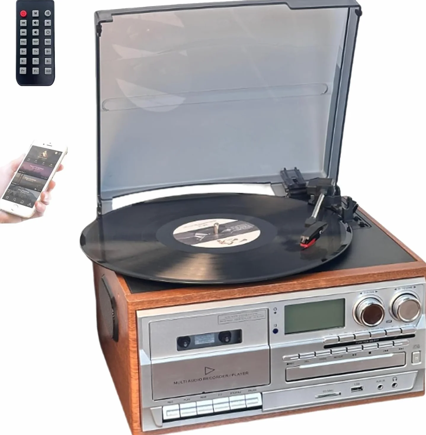 Odtwarzacz CD, Kasetowy I Bluetooth 10 W 1, Retro Gramofon Z Pilotem, Wbudowanymi Głośnikami, USB/SD, Wejściem Aux Wyjściem Liniowym RCA, 3-prędkościowy, Do Biura Rozrywki(Light brown)