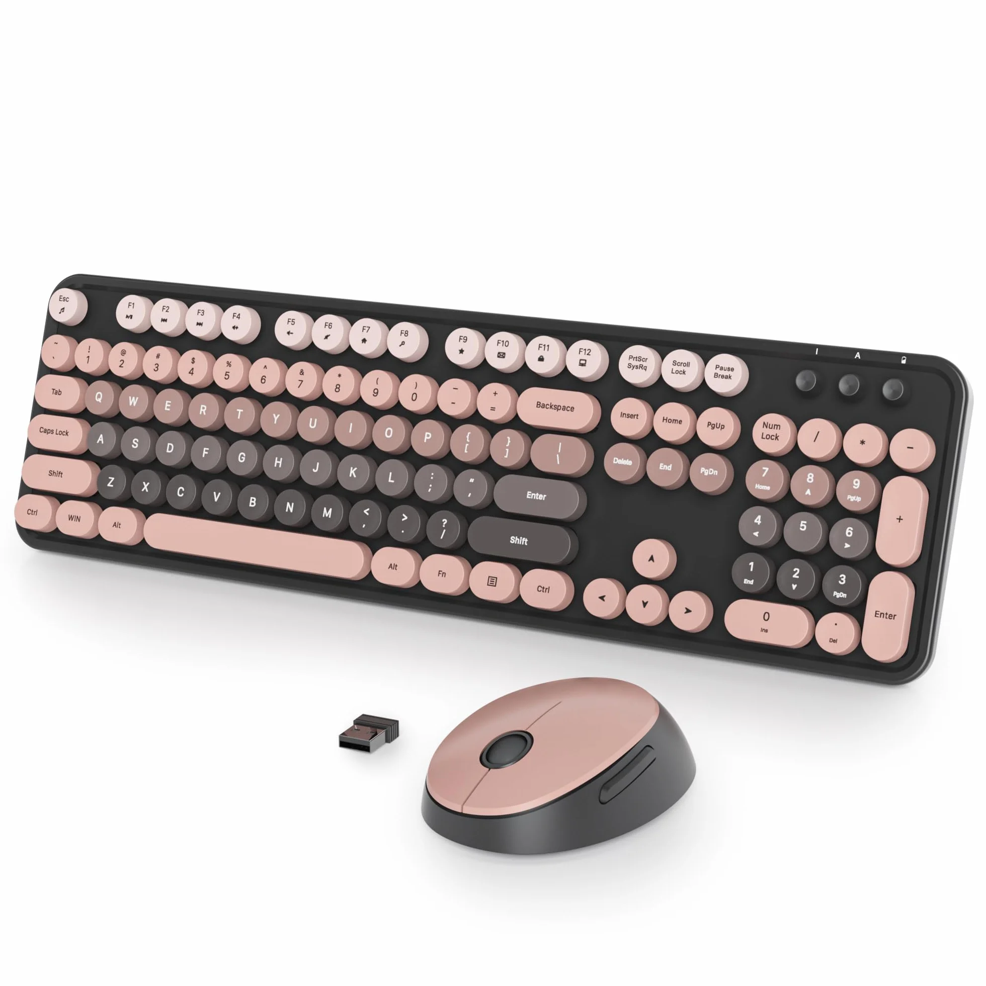 Bezprzewodowa klawiatura myszy, okrągła klawiatura retro maszyna do pisania, urocza klawiatura komputerowa 2,4G, amerykańska QWERTY, bezprzewodowa ergonomiczna klawiatura z 104 klawiszami