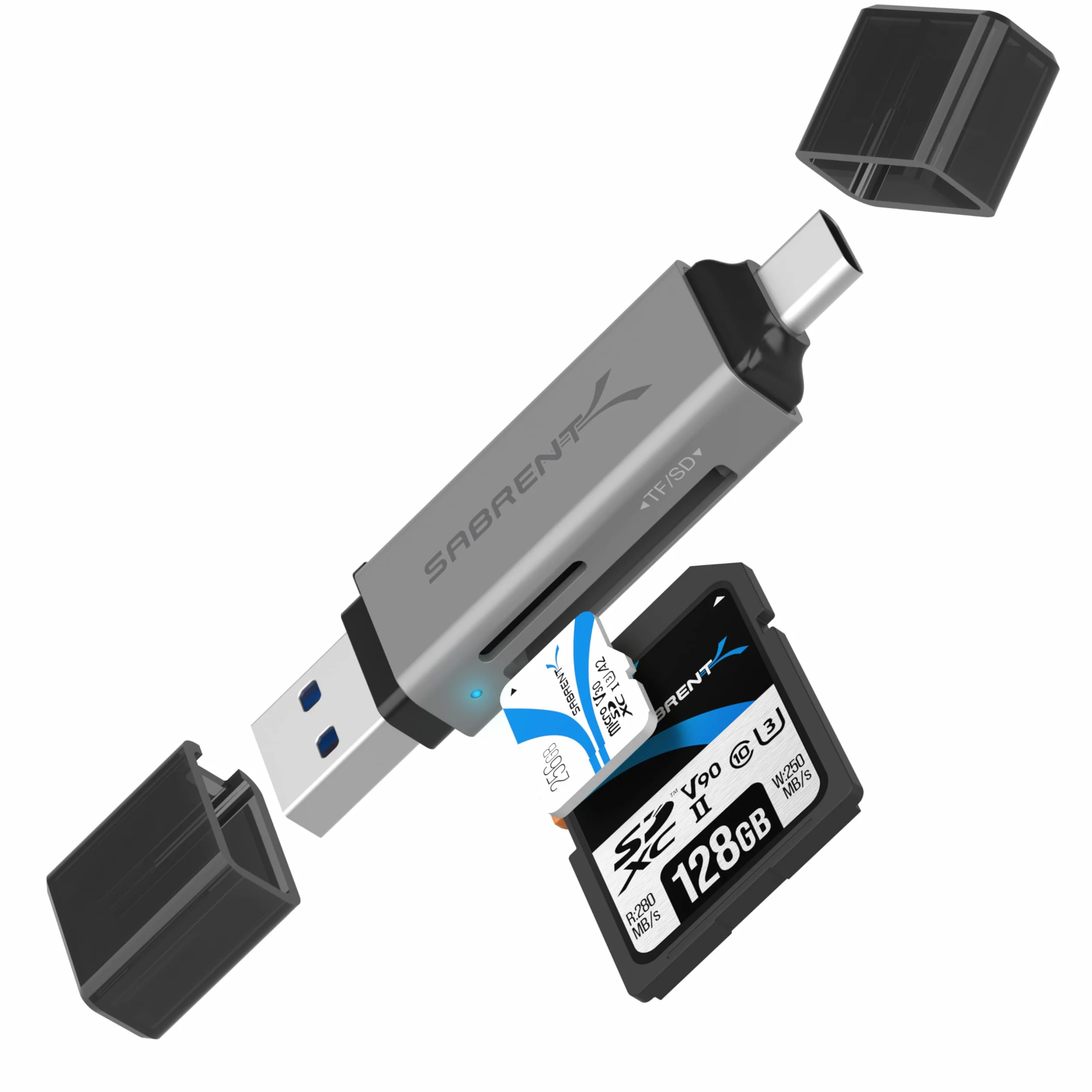 SABRENT SD, czytnik kart micro SD, adapter USB C+A, USB 3.2 Gen 1 do SD czytnik kart pamięci OTG do SDXC, SDHC, SD, MMC, RS-MMC, obsługa MacBooka, telefonów z systemem Android itp. (CR-BCA2)