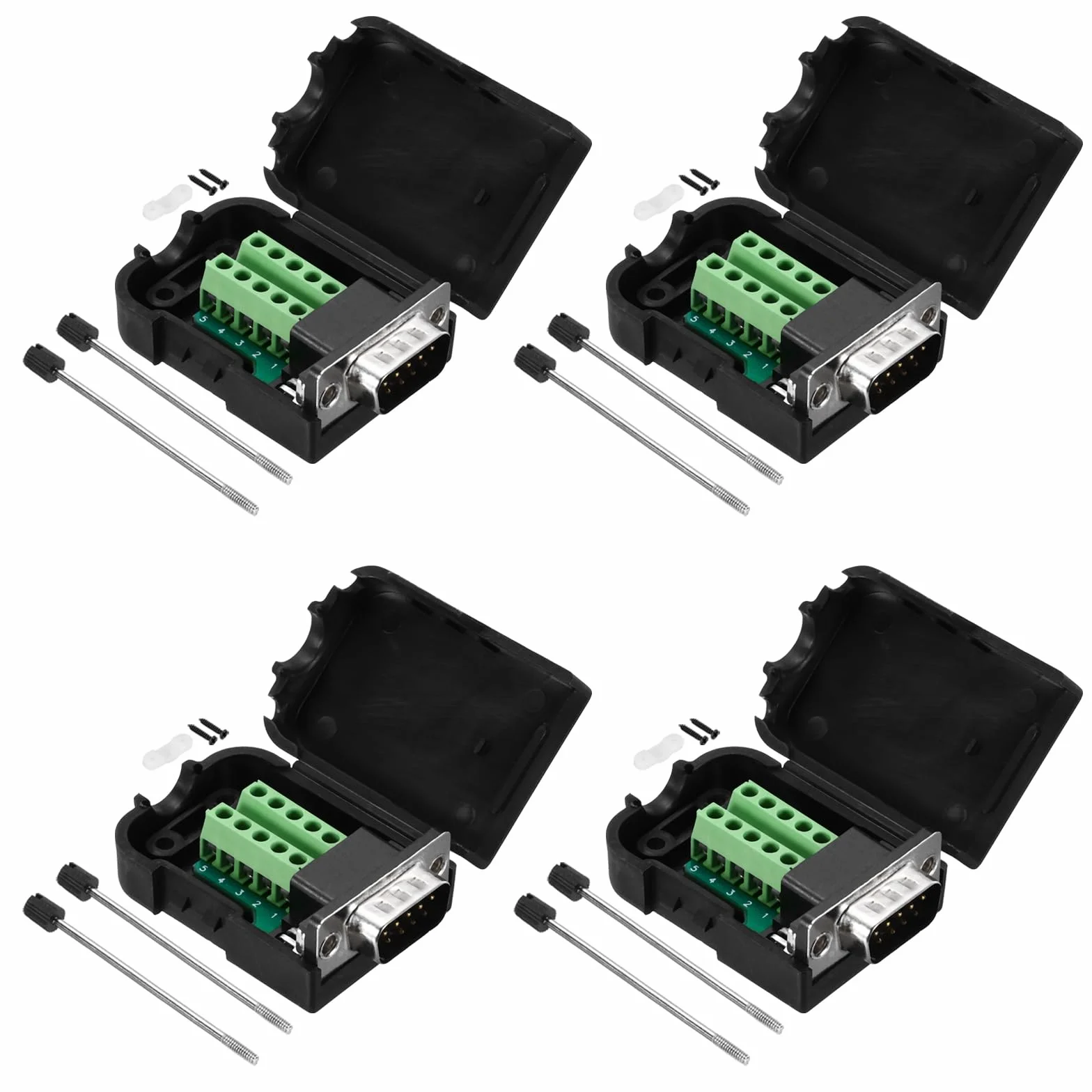 QUARKZMAN D-sub DB9 Breakout Board Connector z obudową, 9 pinów, 2 porty Row Male Port, bezlutowny blok zacisków, adapter w opakowaniu 4 szt