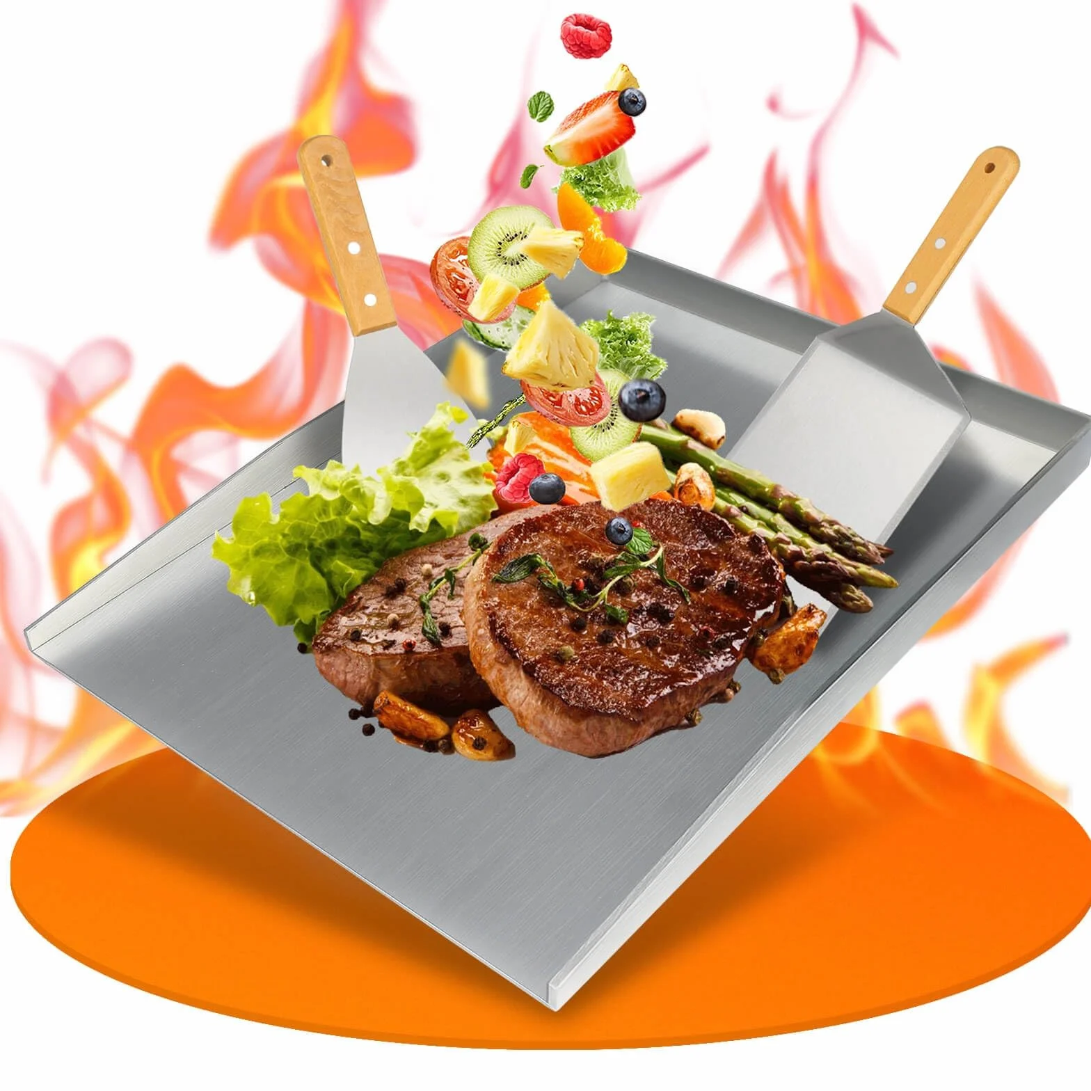 Płyta grillowa Plancha 4 mm, 30 × 40 cm, szczelna konstrukcja grilla Plancha. Wyposażony w 2 grube łopatki do grillowania. Płyty grillowe Plancha na uroczystości rodzinne, idealnie nadają się do