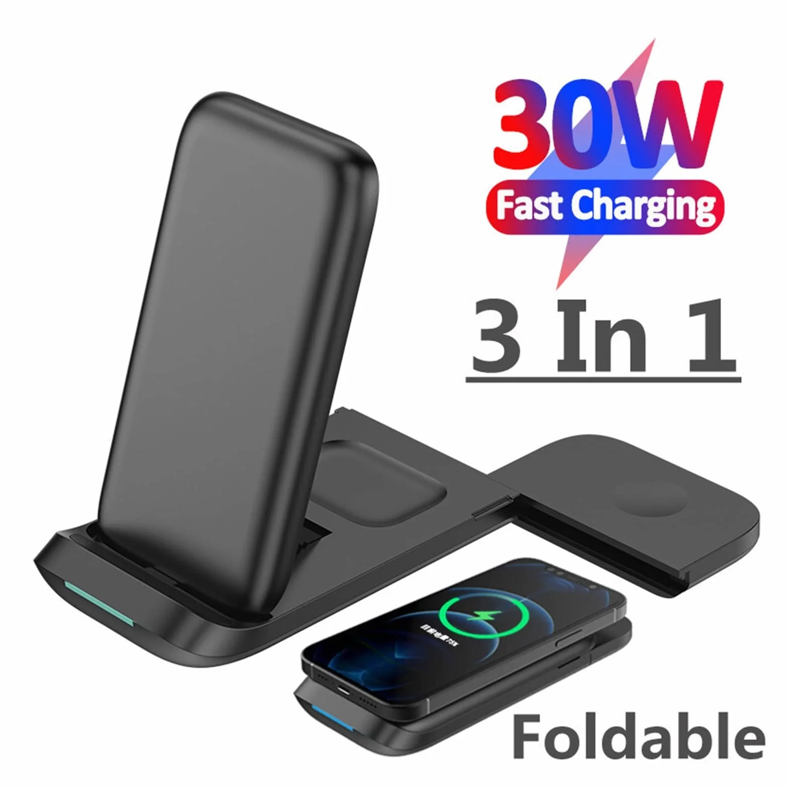 Bezprzewodowa ładowarka Ładowarka bezprzewodowa 30 W 3 w 1 Podstawka do ładowania indukcyjnego Podkładka do stacji szybkiego ładowania telefonu Zegarek(White with plug)