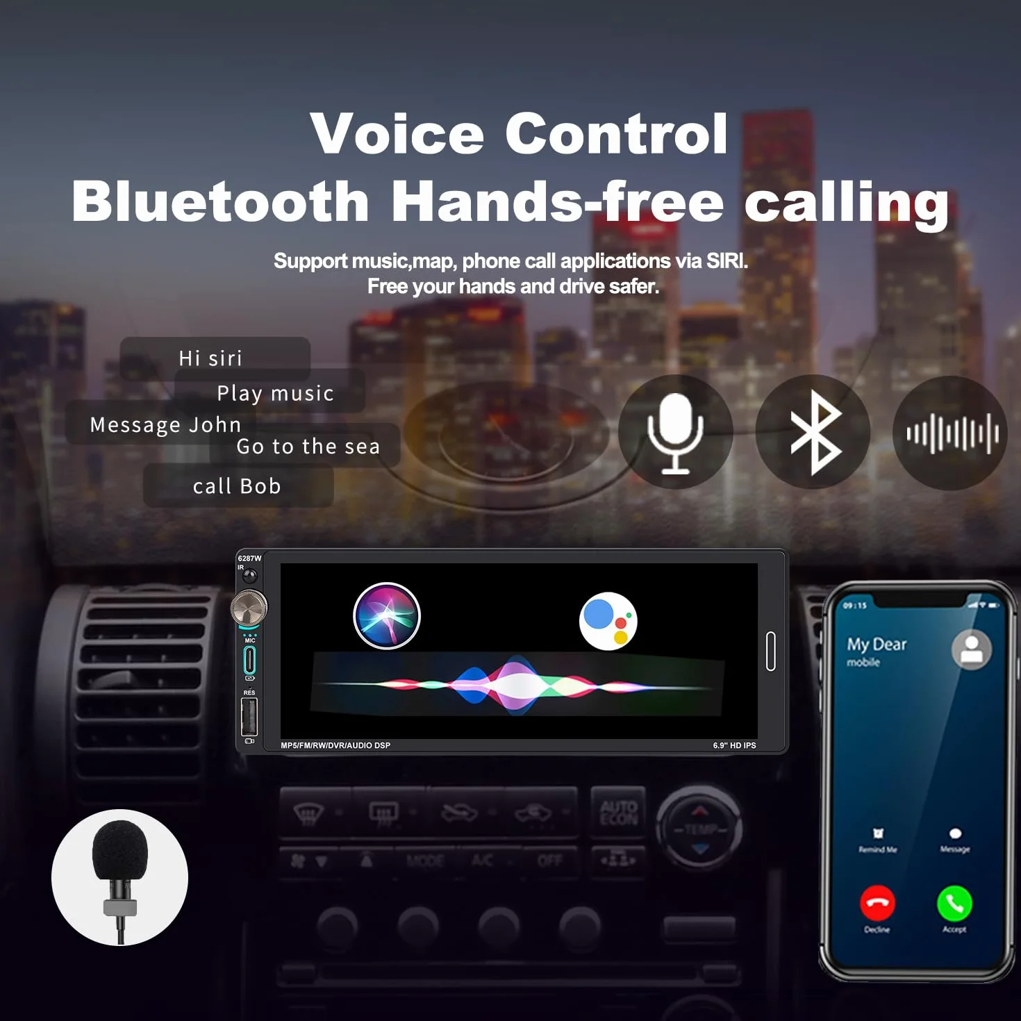 Radio samochodowe 1 DIN z ekranem (6,9 cala) kompatybilne z Apple CarPlay [bezprzewodowe] /Android Auto Bluetooth FM/RDS Radio USB (typ C szybkie ładowanie 2,1 A), kamera cofania